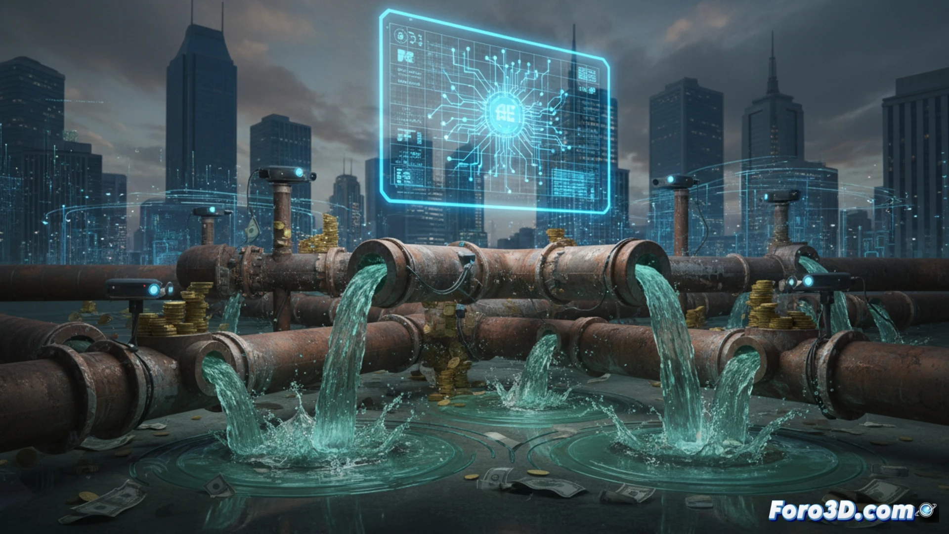 corroded oil pipeline cross-section, water droplets leaking from a hairline crack under high pressure, sensor nodes attached to the pipe surface transmitting real-time data to a glowing holographic AI dashboard, robotic inspection crawler moving along the pipe while scanning for micro-fractures, engineering visualization style, dark industrial background with metallic reflections, blue and orange data streams connecting sensors to the central AI interface, photorealistic technical render, dramatic side lighting emphasizing the crack and data flow