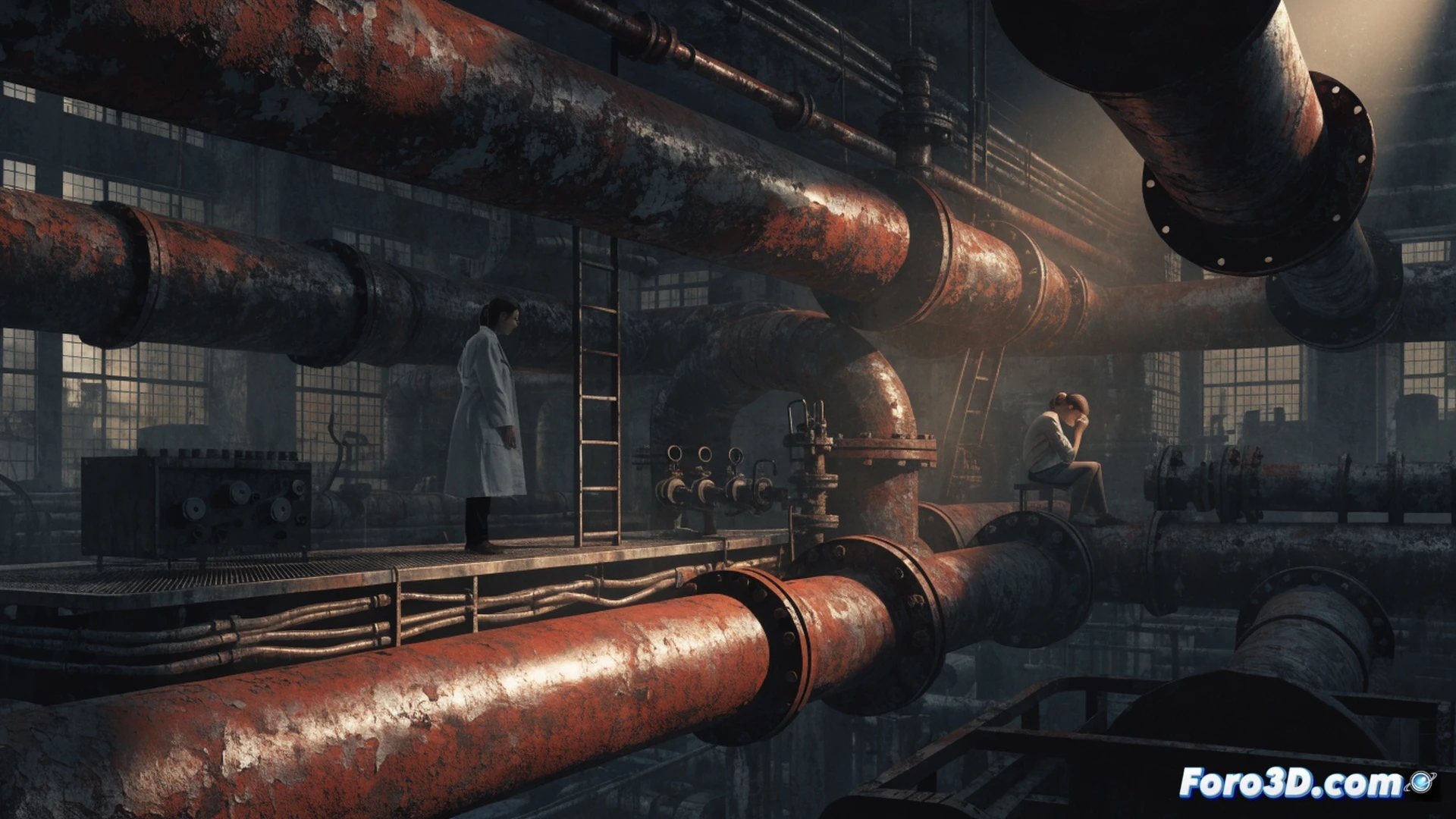 hospital corridor section with exposed old rusty pipes leaking water onto tiled floor, maintenance worker in coveralls holding a wrench while staring at a cracked pipe joint, pregnant woman in the background walking away with a baby bag, empty maternity ward sign on wall, peeling paint and water stains on ceiling, technical illustration style, dramatic overhead fluorescent lighting, rusty metal textures, concrete wall showing moisture damage, photorealistic engineering visualization, deep shadows contrasting with bright hospital white, action of system failure being inspected