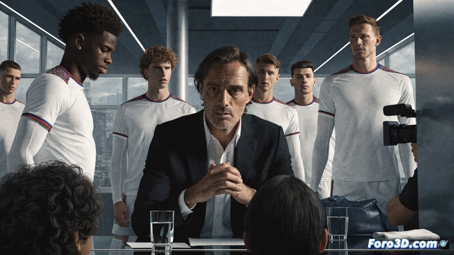 Inglaterra equipo titular completo en el banquillo técnico, Bukayo Saka realizando estiramiento dinámico de tendón de Aquiles sin dolor, entrenador Thomas Tuchel señalando alineación táctica en pizarra digital, botas de fútbol con sensores biométricos mostrando cero lesiones, estadio iluminado con focos de alto rendimiento, césped perfecto, ingeniería deportiva visualization, photorealistic render, acción durante calentamiento pre-partido, demostrando plantilla sin contratiempos físicos