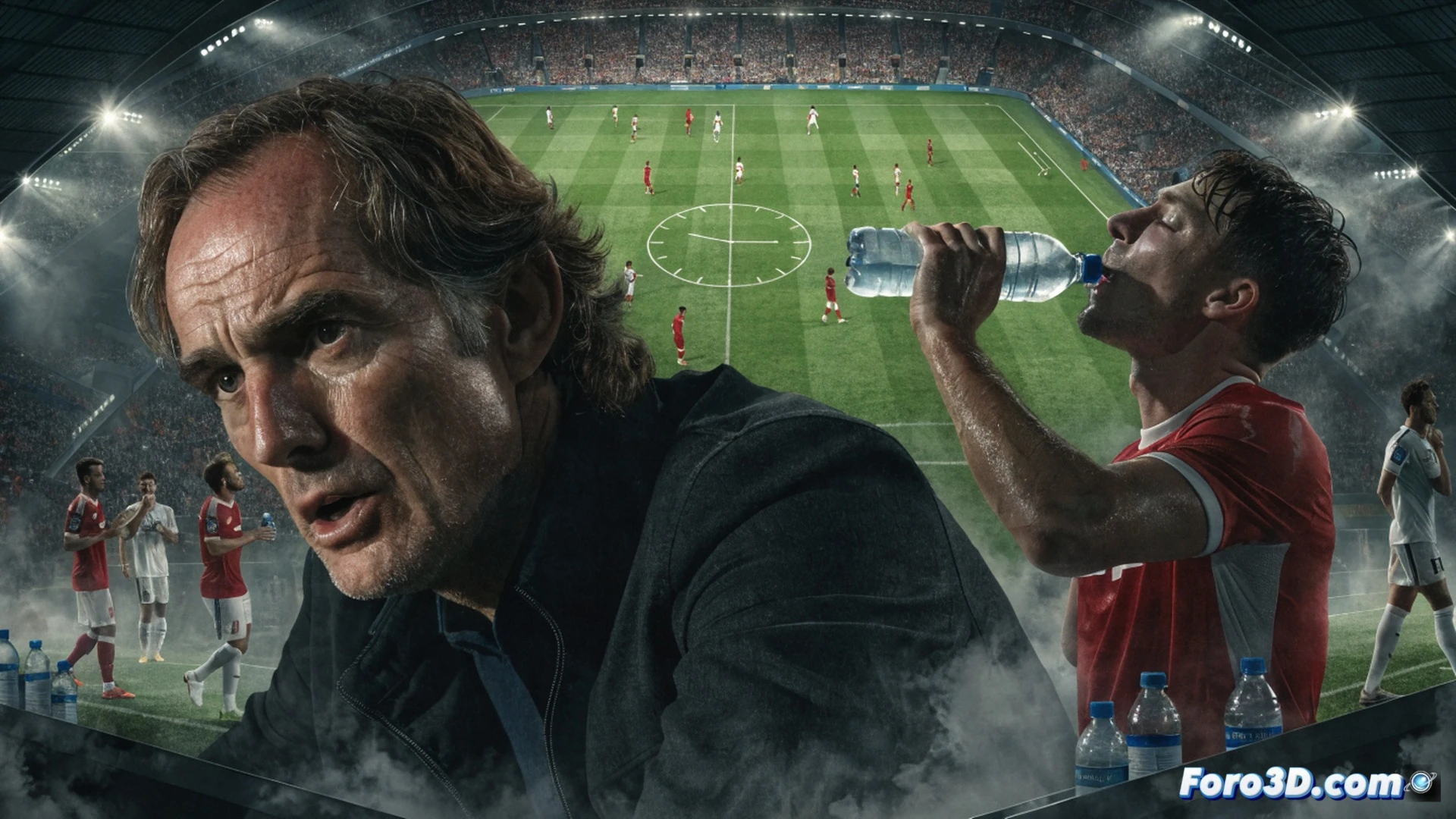 A football match in a stadium with temperate climate, players standing idle on the pitch during a hydration break, digital stadium screen displaying a three-minute countdown timer, coaches and substitutes gathering at the sidelines holding water bottles and cooling towels, fragmented action with players separated into small groups, empty midfield area emphasizing the broken rhythm, cinematic photorealistic style, bright overcast daylight, distant city skyline visible, stadium architecture with modern floodlights, dynamic contrast between static players and restless crowd, ultra-detailed grass texture and player expressions of frustration, technical sports broadcast composition
