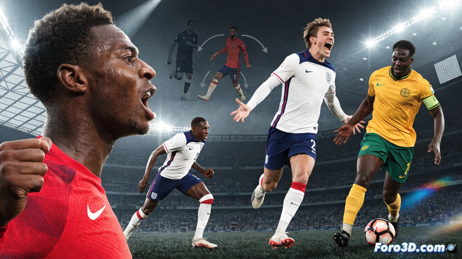Thomas Tuchel ajustando una pizarra táctica digital con once inicial de Inglaterra, Djed Spence y Marc Guehi reemplazando defensores, Jude Bellingham celebrando con brazalete por su partido 50, Thomas Partey de Ghana ingresando al campo, tabletas tácticas con formaciones de selecciones, luces de estadio mundialista, estilo cinematográfico técnico, render fotorrealista, profundidad de campo, tonos azul y blanco de Inglaterra contrastando con rojo y amarillo de Ghana.