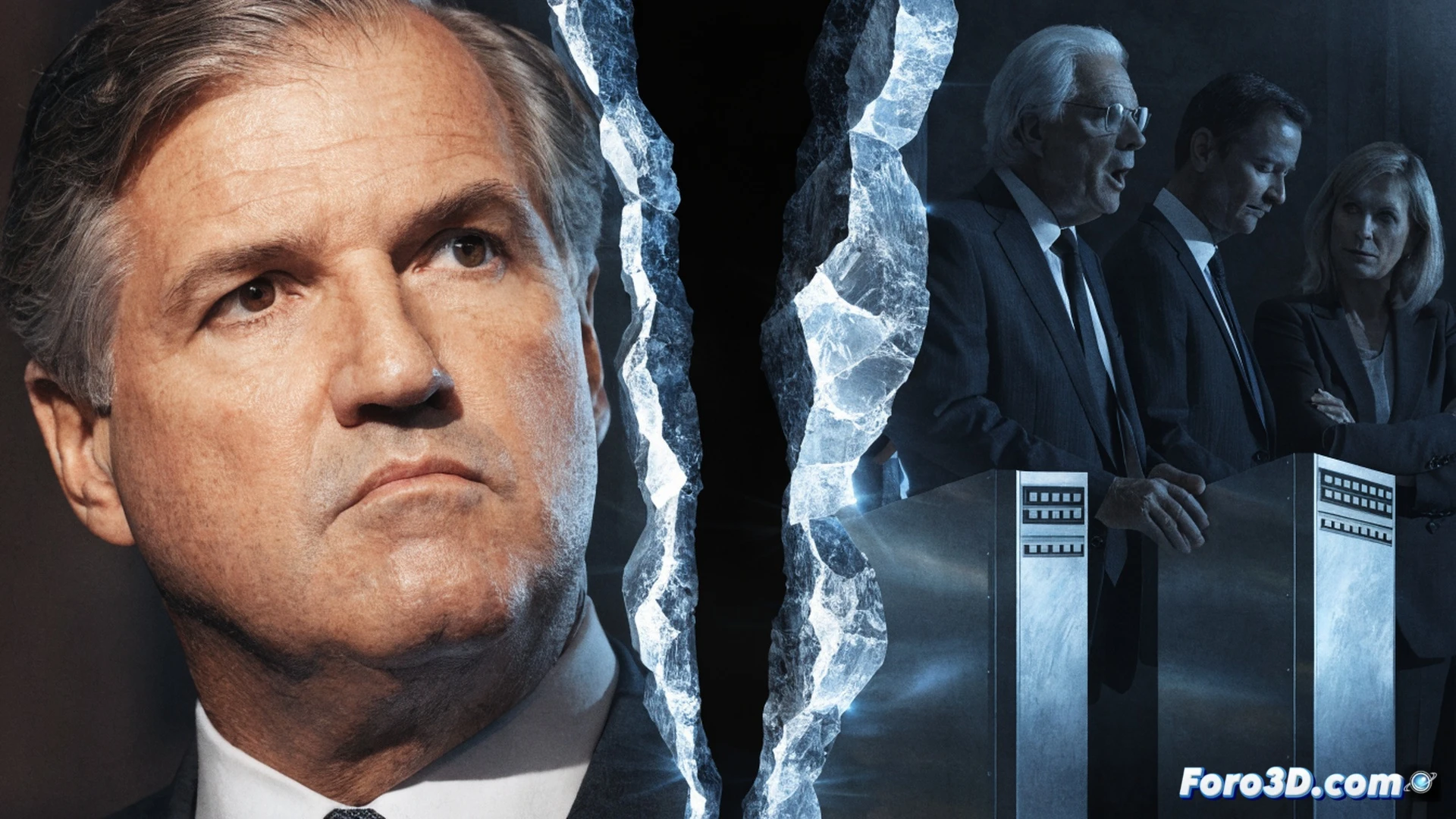 rhetorical crack splitting a republican elephant statue in half, fractured base with glowing fissures, tucker carlson silhouette walking away from the broken side, microphone cable trailing behind, red and blue political data streams leaking from the crack, cinematic photorealistic style, dramatic low-angle lighting, shattered stone debris floating mid-air, dark stormy background with distant capitol dome silhouette, ultra-detailed marble texture, motion blur on the departing figure, hyperrealistic political visualization