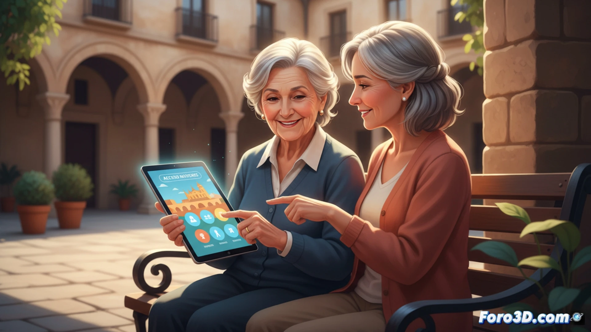 Una persona mayor sonríe mientras usa un móvil con la app Tudela-Cultura Al Día, que muestra un acceso directo a eventos culturales y paseos.