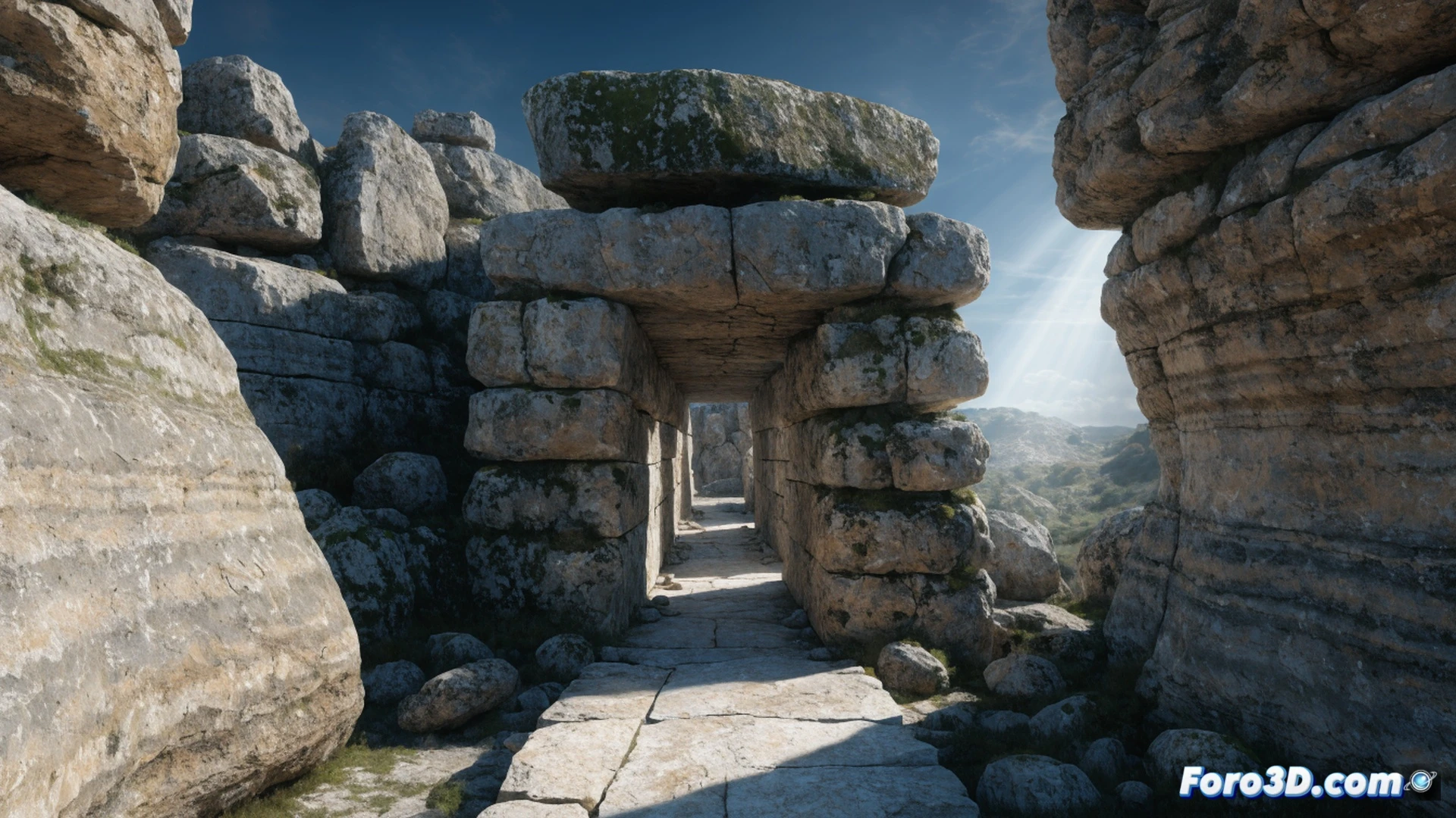 Megalithic stone corridor tomb interior during Bronze Age construction, massive central standing stone slab being precisely tilted into position using wooden levers and rope pulleys, ancient engineers aligning the structure with visible stars through the entrance opening, starry night sky visible through the tomb portal, scattered bronze tools and measuring ropes on the ground, engineering visualization style, dramatic moonlight casting long shadows across the stone surfaces, photorealistic architectural render, detailed stone textures, ancient construction process