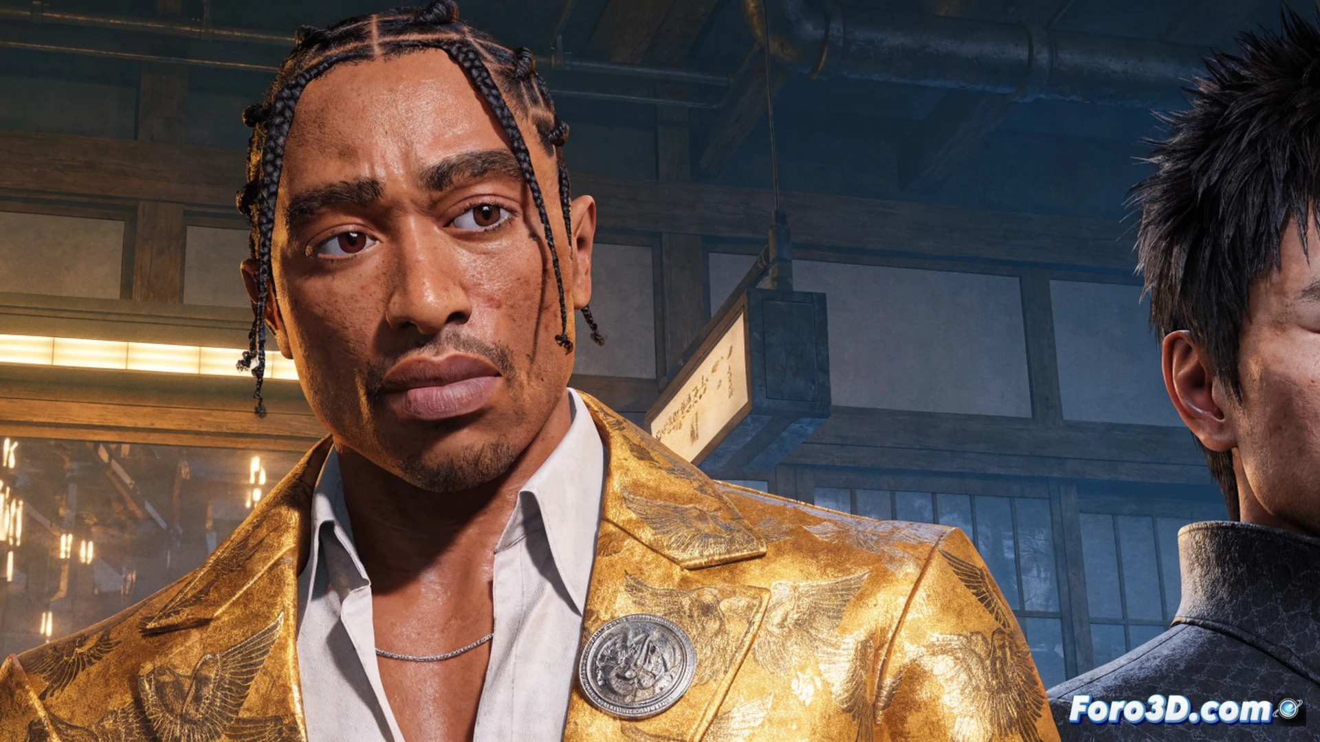 Photorealistic cinematic scene of a digital Tupac Shakur character being rendered inside a Yakuza game development studio, 3D model wireframe overlaying his face on a large monitor, motion capture actor performing movements while sensors track his body, game engine interface visible showing character rigging tools, neon-lit Japanese city backdrop through window, dramatic blue and magenta lighting, ultra-detailed skin textures and tattoos being adjusted by digital sculpting software, ethical debate symbolized by a split screen showing approval documents versus public protest signs, realistic technical visualization, high-contrast industrial studio lighting, reflective surfaces showing code lines