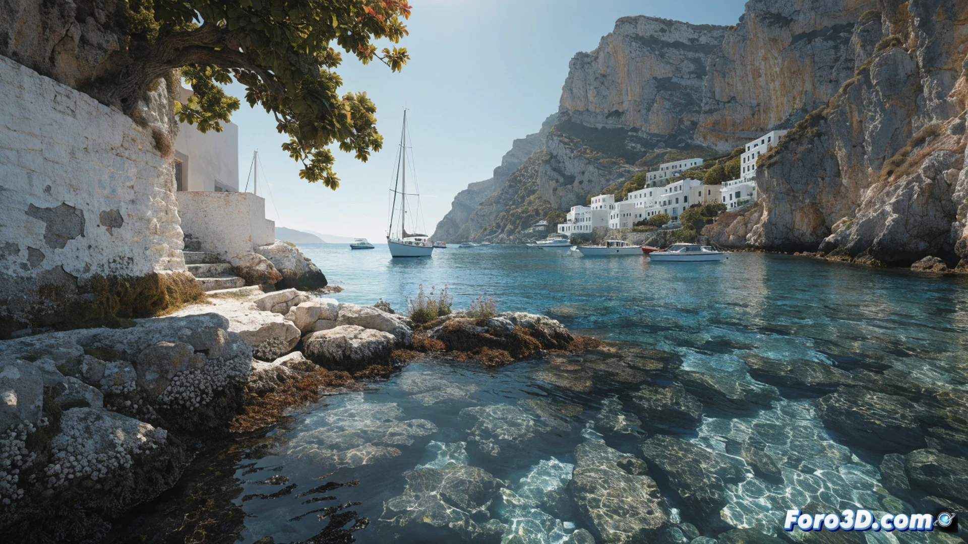 cinematic wide shot of a crowded Greek island port, tourists disembarking from a ferry while construction workers on scaffolding renovate a waterfront hotel, a digital fare display on a ticketing kiosk showing rising prices in euros, a travel agent’s tablet glowing with booking graphs and upward trend lines, photorealistic engineering visualization, bright Aegean sunlight, whitewashed buildings, blue domes, motion blur on arriving crowd, dust from renovation, metallic railings and glass terminal, ultra-detailed architecture and harbor equipment