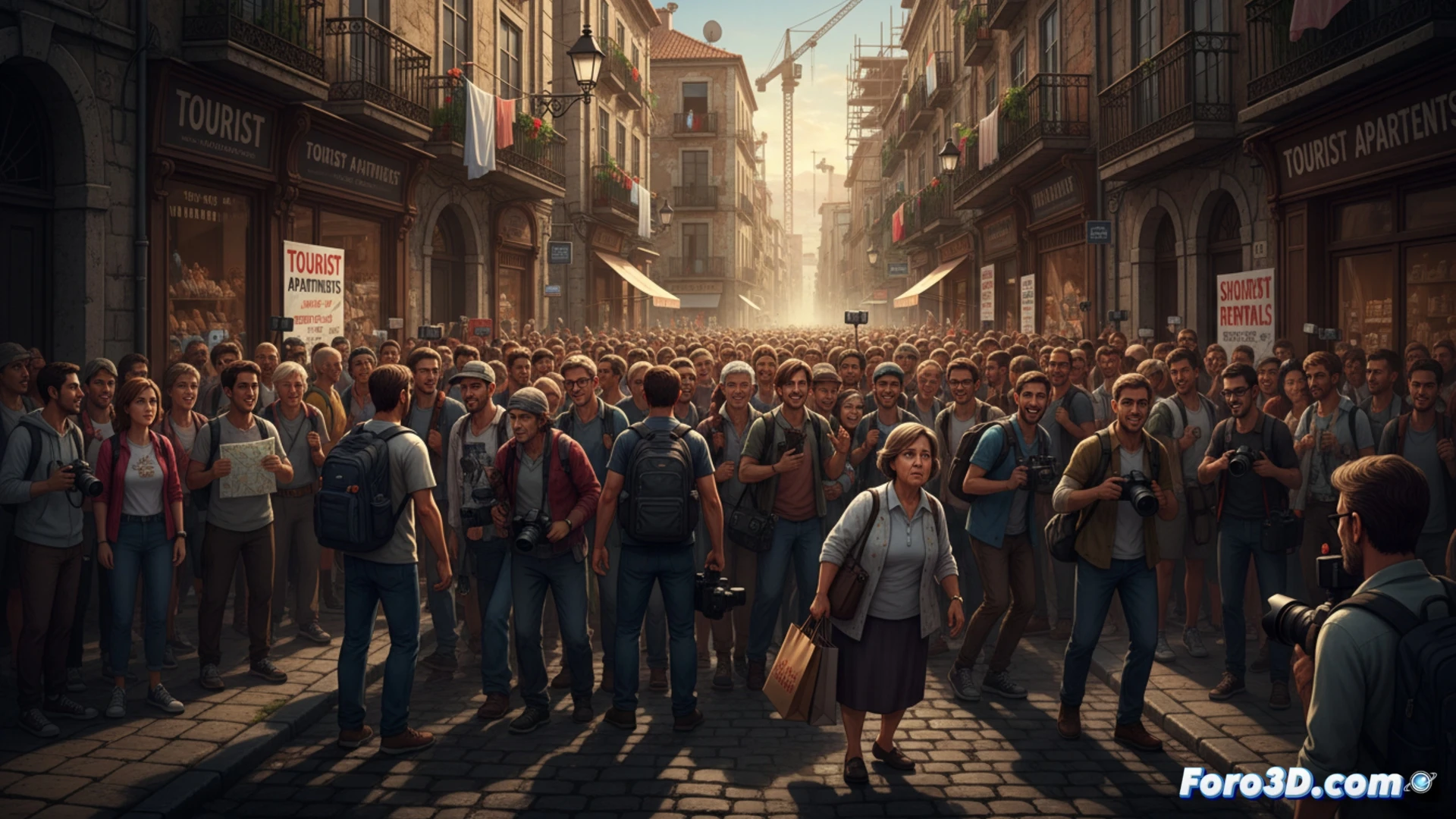 photorealistic urban street scene showing crowded sidewalk with tourists taking selfies while a local resident struggles to navigate with groceries, hidden beneath the surface a transparent cutaway reveals exposed underground infrastructure with cracked sewer pipes and tangled fiber optic cables, a red soldering iron and multimeter lie on a manhole cover nearby, city hall building in background with a broken window and a for sale sign on a boarded-up apartment above a bar, cinematic lighting with golden hour shadows contrasting digital blue holographic graphs showing rising rental prices, hyperdetailed architectural textures, dust particles in air, technical illustration style