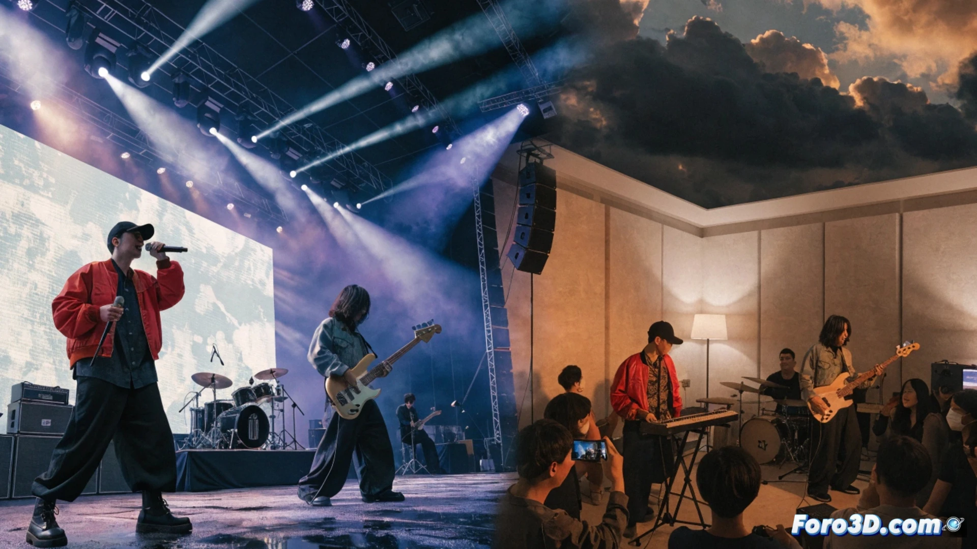 young Japanese rock band performing on a small Hokkaido stage, drummer striking cymbals while guitarist leans into a power chord, bassist holding a low note, vocalist gripping microphone stand with energy, 90-second song countdown timer glowing on a monitor behind them, mixing console and stage monitors visible, cables trailing across wooden floor, small venue with brick wall background and neon sign, cinematic concert photography style, dramatic stage lighting with blue and amber gels, motion blur on drumsticks and guitar strings, sweat on faces, photorealistic live music scene