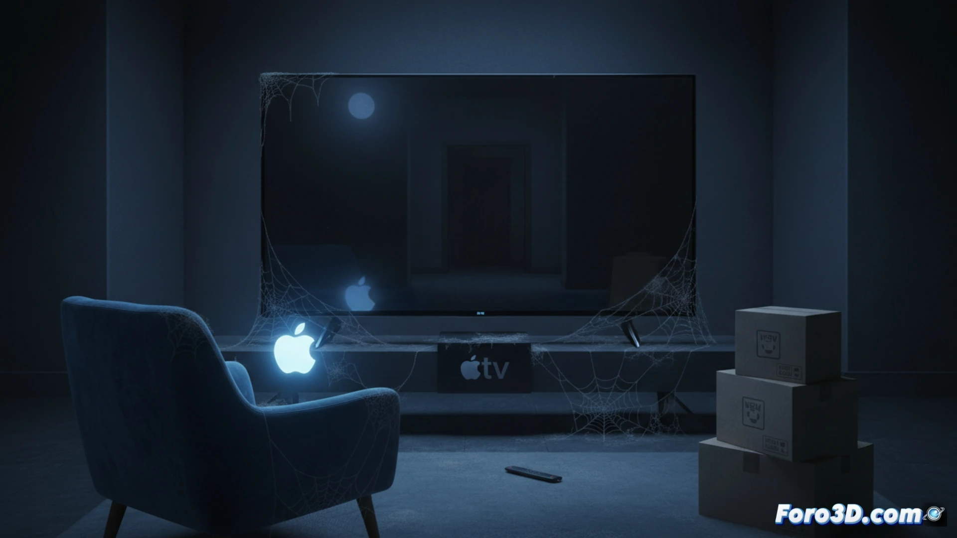 living room scene with an Apple TV box sitting on a shelf, a remote control placed next to a blank TV screen showing only a faint reflection, a person holding an iPhone with a glowing AI interface while looking at the Apple TV with confusion, dust particles floating in a spotlight beam from above, cinematic photorealistic style, dark ambient lighting, subtle blue LED glow from the Apple TV, minimalist modern decor, technical illustration composition, dramatic shadow play across the devices