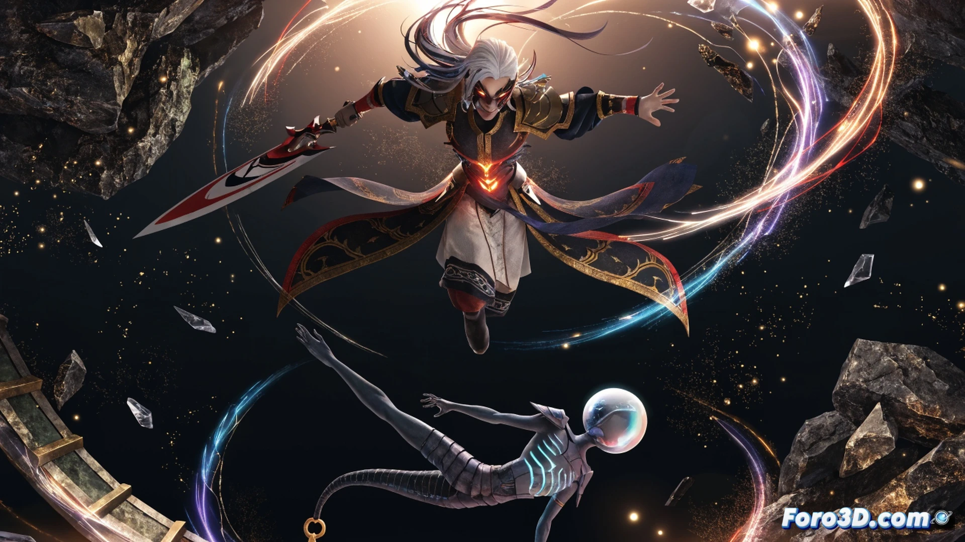 A samurai warrior with a modern cybernetic arm and glowing LED patterns clashes a flaming sword against a giant taiko drum made of polished steel and stone, rhythmic shockwaves rippling as glowing musical notes burst from the impact, demonic Jomon-era masks floating in the background fused with neon circuit lines, cinematic action scene, photorealistic render, dramatic side lighting, particle effects, sparks and debris flying, high-contrast dark atmosphere, ultra-detailed textures, motion blur on the drumstick and blade