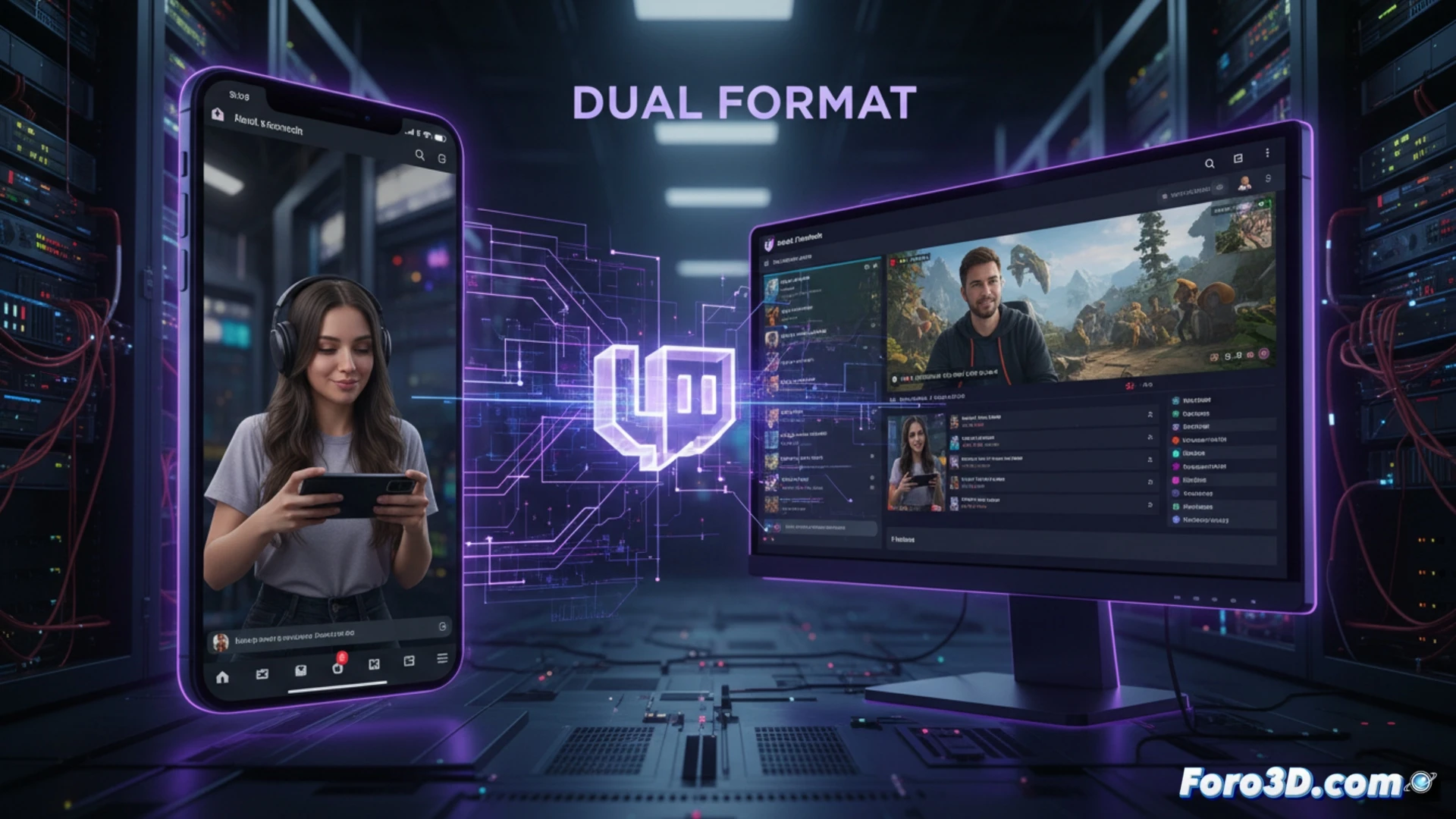 Un streamer sonríe frente a dos pantallas: un móvil en vertical y un PC en horizontal, mostrando el mismo directo sin franjas negras.