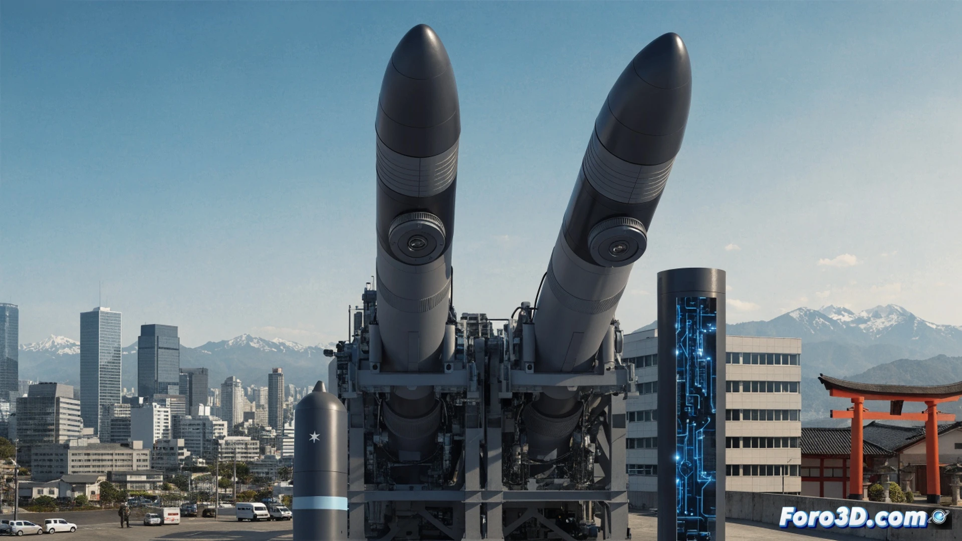 US Navy Typhon missile launcher deployed on Japanese coastal terrain, elevated launch canisters aiming toward East China Sea horizon, radar tracking dish rotating during system calibration, military personnel in protective gear monitoring control panels with glowing tactical displays, cargo ship unloading missile containers at distant port, photorealistic cinematic visualization, dramatic stormy sky with patchy sunlight, metallic surfaces reflecting maritime haze, tension-filled atmosphere, ultra-detailed military hardware and electronic warfare components, high-contrast lighting emphasizing strategic posture