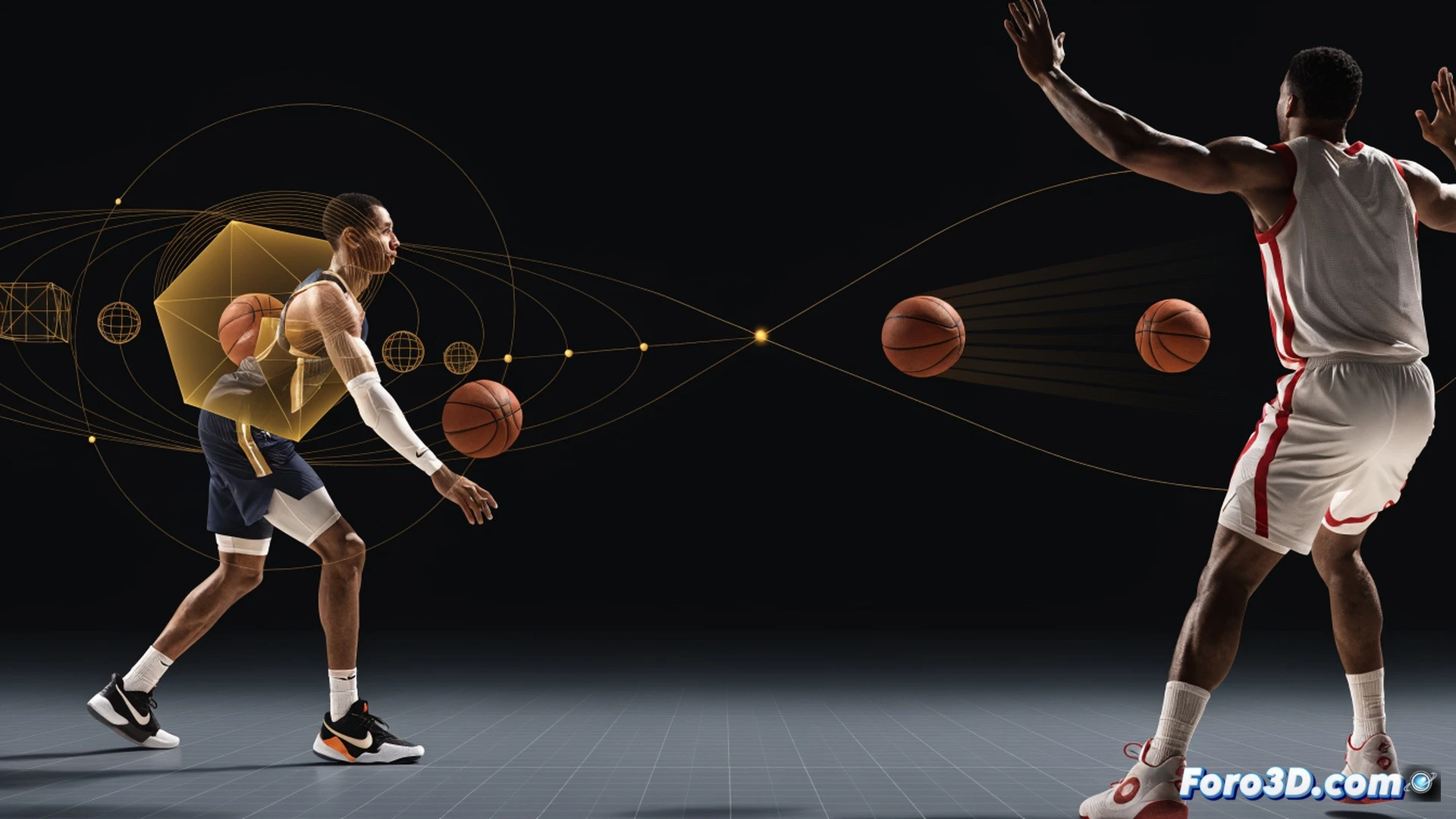 basketball court from above, Tyrese Haliburton mid-pass with body twisted at an impossible angle, ball leaving his hand from behind a defender, trajectory line glowing in geometric arcs, defensive players frozen in anticipation, spatial grid lines overlaying the court showing angles and vectors, technical illustration style, wireframe basketball and player silhouettes, blue and gold team colors, motion trails showing passing lanes, photorealistic sports visualization, dramatic arena lighting, sharp focus on hand and ball release point