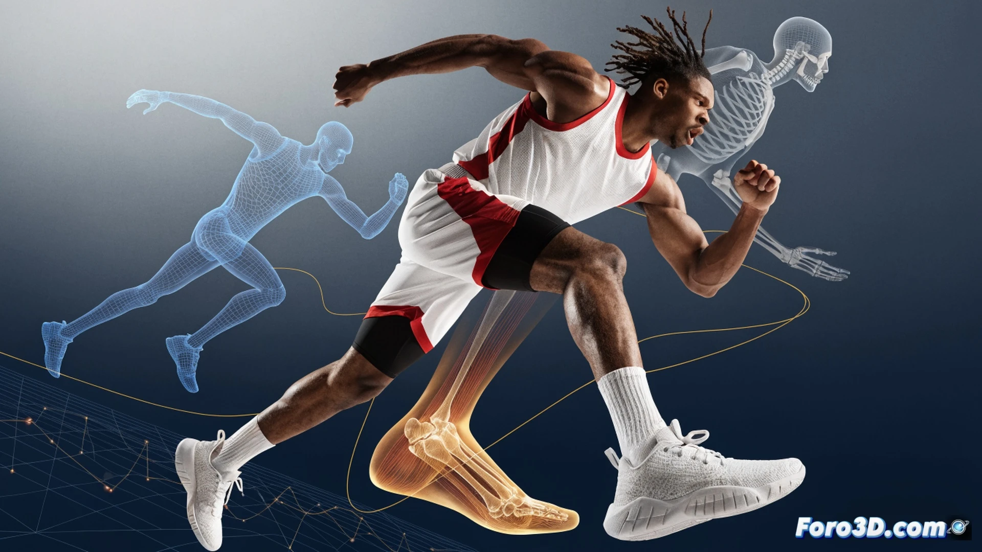 Tyrese Maxey dribbling past a defender in a three-quarter view, biomechanical overlay showing his low center of gravity trajectory, glowing orange motion trails tracing his rapid change of pace and foot strike efficiency, muscles and joint angles highlighted with translucent blue wireframes, a basketball court rendered as a digital grid beneath him, engineering visualization style, volumetric stadium lighting casting sharp shadows, dynamic pose with left leg driving forward, right arm shielding the ball, photorealistic technical illustration, ultra-detailed muscle fibers and shoe deformation under pressure, cinematic depth of field