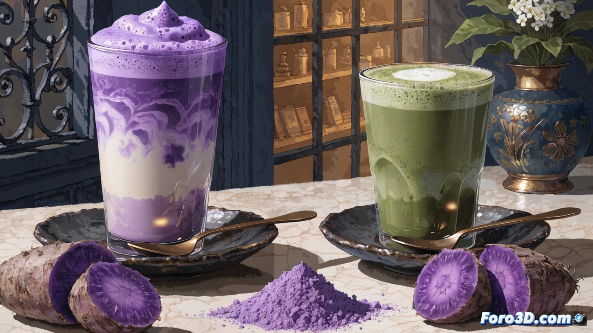 tubérculo ube púrpura recién cortado en rodajas finas sobre una tabla de madera, partículas de polvo de ube flotando en el aire, vapor de una taza de latte color lavanda al fondo, proceso de rallado manual del tubérculo crudo mostrando la textura fibrosa interior, luz natural de cocina incidiendo sobre la superficie húmeda, cuchillo de cerámica junto a un molinillo de especias con residuos morados, estilo cinematográfico gastronómico, fotorealismo con enfoque nítido en la textura del tubérculo, fondo desenfocado de ingredientes orgánicos