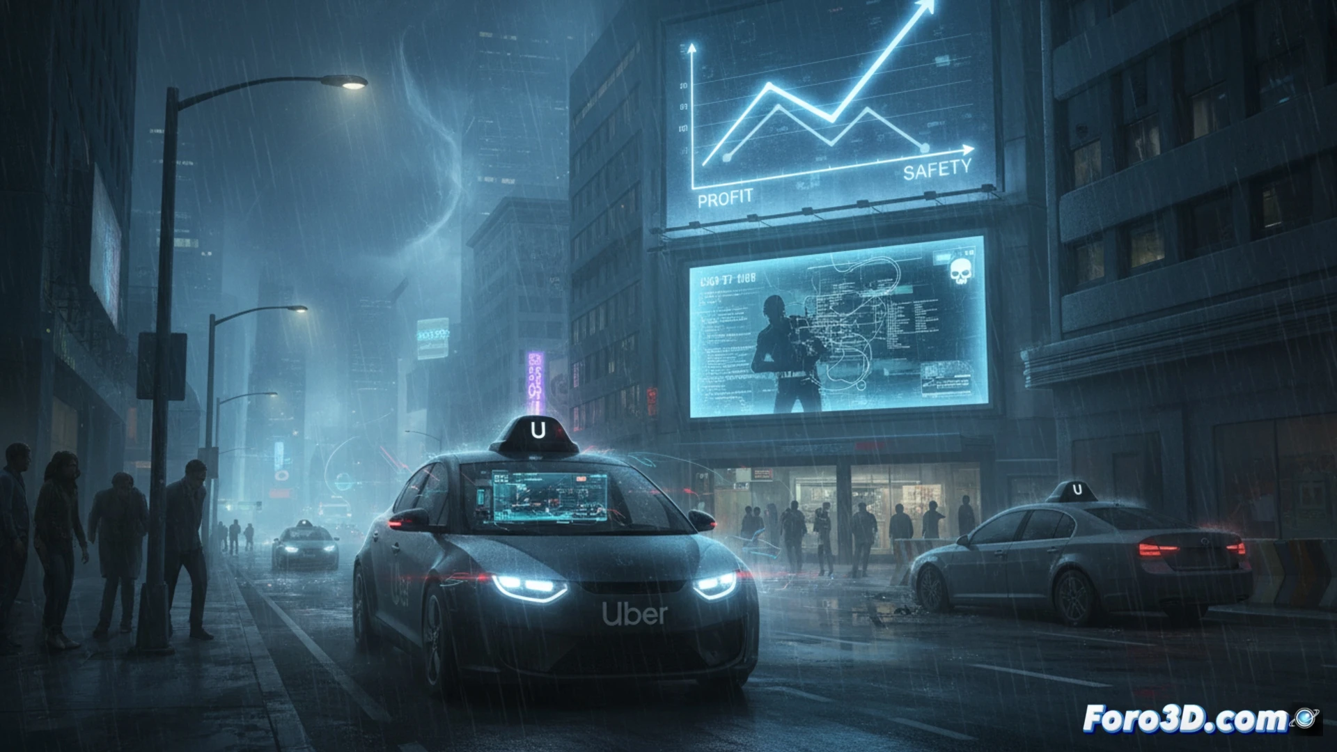 Uber robotaxi autonomous vehicle driving in dense fog at night, front sensor array partially obscured by mist, headlights reflecting off thick fog, dashboard displaying software warning icons for low visibility and cybersecurity breach, another robotaxi visible in background swerving erratically, pedestrian crossing street with no reaction from vehicle, cinematic engineering visualization, dark urban street with glowing streetlights diffused through fog, ultra-detailed LiDAR housing and camera modules, dramatic high-contrast lighting, photorealistic technical render, motion blur on wheels, warning lights on vehicle roof flashing amber