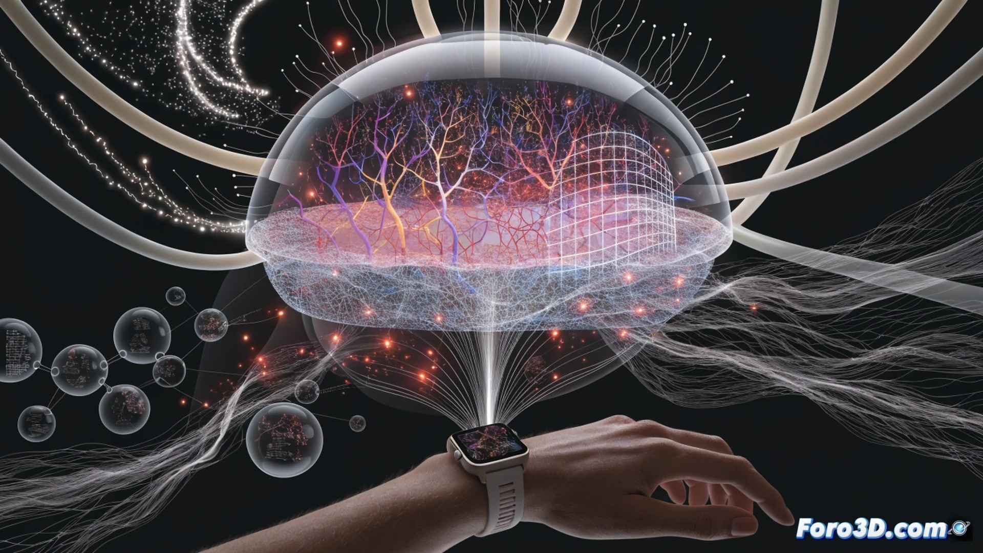 photorealistic technical illustration showing a person wearing a smartwatch and wireless earbuds while sitting at a desk, holographic interface floating above the smartwatch displaying real-time physiological waveforms, heart rate graph, and stress level indicators, phone screen beside them showing AI analysis dashboard, subtle glowing lines connecting earbuds to wrist device demonstrating data transmission, calm indoor lighting, warm skin tones, focused expression on user while AI process detects stress before they react, clean modern workspace, ultra-detailed wearable tech components, cinematic engineering visualization