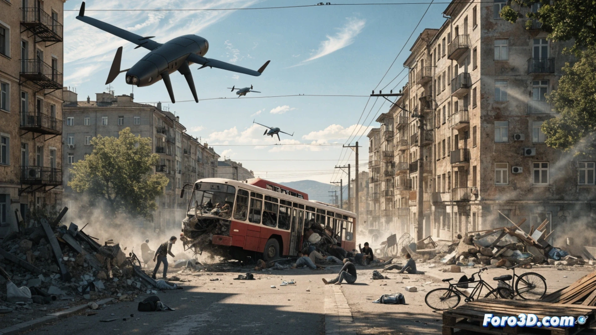 Ucranian military drone mid-flight over Crimean street, explosion impact against a moving trolleybus, shattered glass and debris scattering, passengers inside illuminated by flash, civilian casualties visible on ground, damaged electrical wires sparking, smoke rising from vehicle wreckage, urban residential background under overcast sky, photorealistic warzone cinematography, dramatic contrast between grey clouds and orange fire, dust particles suspended in air, high-speed action freeze-frame, realistic destruction details, cinematic battlefield lighting