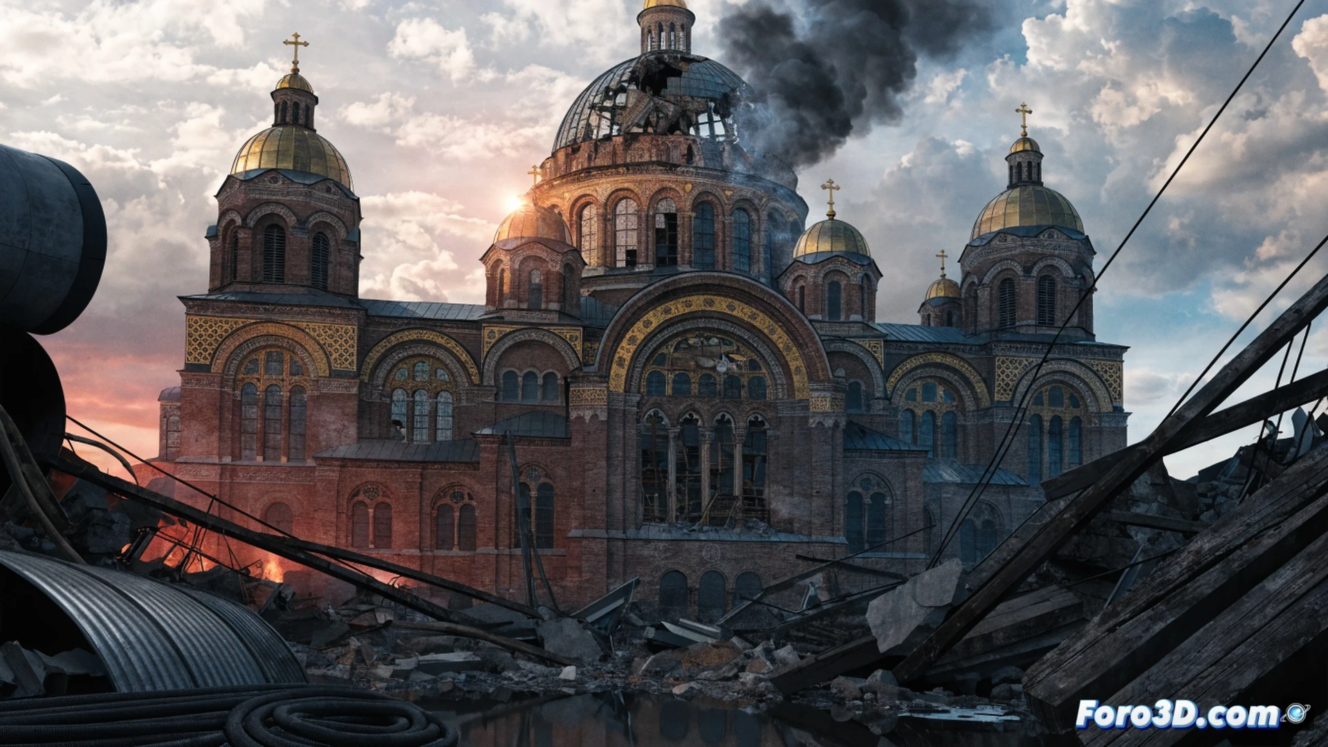 ancient stone cathedral dome collapsing in flames, UNESCO logo on a cracked document lying on rubble, Ukrainian official pointing at the damaged heritage site while Russian military vehicles are visible in the background through smoke, photorealistic technical illustration, dramatic golden-hour light breaking through smoke, debris particles suspended mid-air, cracked marble floor showing stress fractures, realistic fire glow on stone textures, cinematic wide-angle view, ultra-detailed architectural destruction, high-contrast shadows, amber and grey colour palette