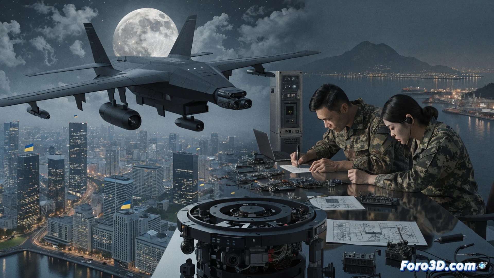 Ukrainian military engineers assembling a combat drone in a high-tech workshop, a finished quadcopter with thermal cameras and antenna arrays being tested on a launch pad, Asian military officers observing the demonstration while analyzing real-time flight data on holographic screens, technical blueprints and circuit boards visible on workbenches, cinematic photorealistic engineering visualization, metallic drone frame with rotor blades in motion, glowing status LEDs on control modules, dusk lighting with industrial floodlights, ultra-detailed carbon fiber textures, dramatic shadows emphasizing hardware components