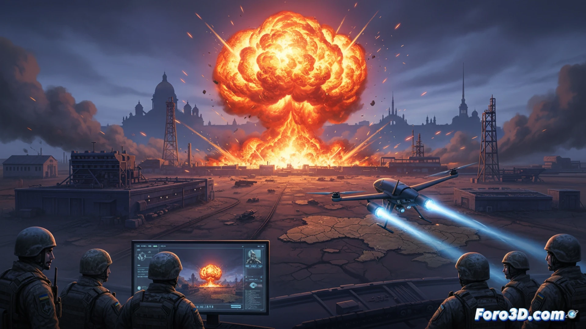 long-range missile strike over snowy industrial landscape, terminal oil storage tanks erupting in flames and black smoke, military radar dish twisted and burning, factory conveyor belt with weapon parts scattered and damaged, shockwave ripples distorting distant city skyline, cinematic engineering visualization, cold overcast sky, orange fire glow reflecting on metallic debris, ultra-detailed mechanical wreckage, photorealistic technical render