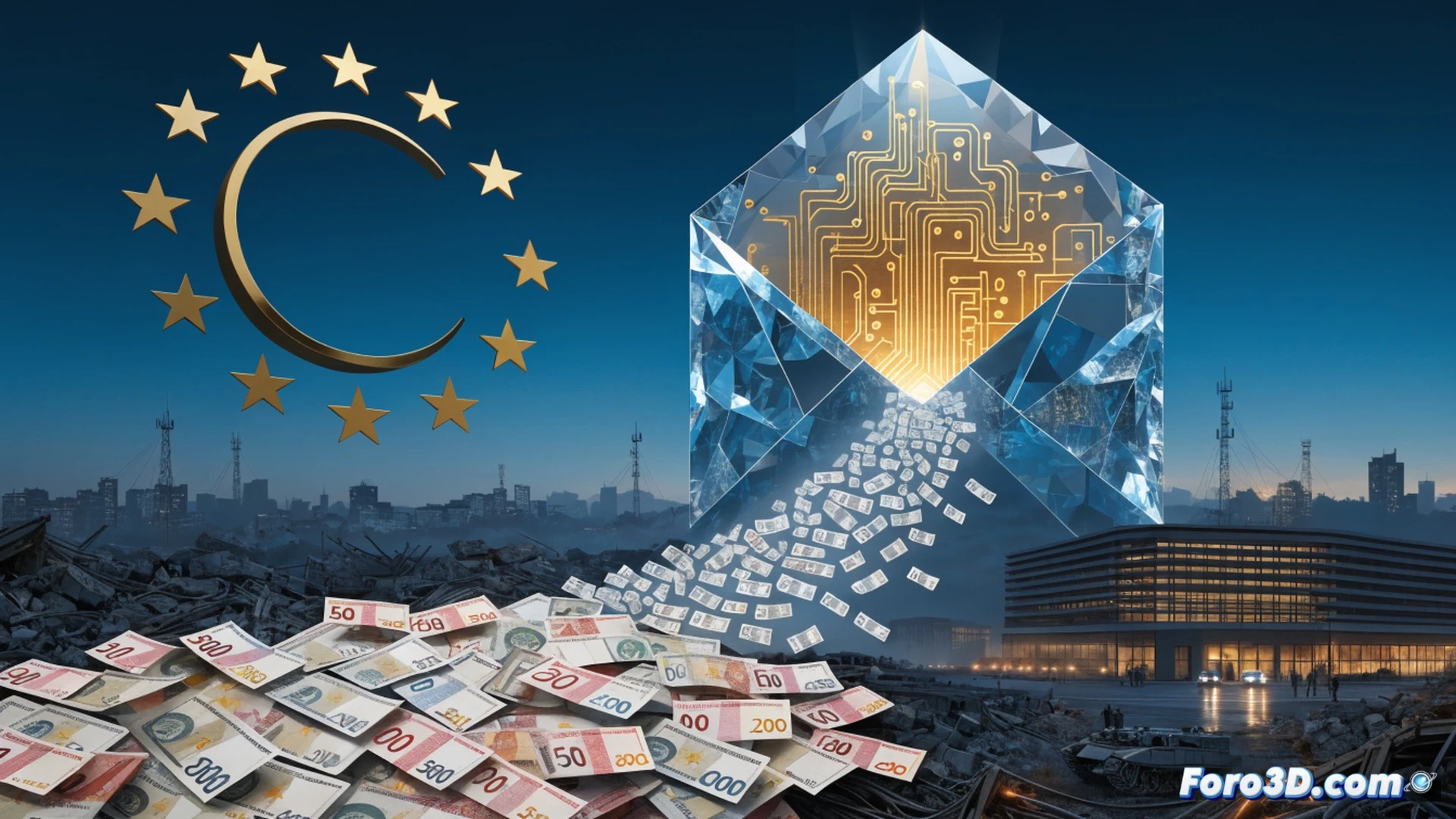 European Union flag draped over a financial data terminal showing a 3.2 billion euro transfer confirmation, Ukrainian government budget dashboard updating in real-time, glowing transaction lines connecting Brussels to Kyiv, stacks of euro banknotes being processed through a high-security vault system, cinematic photorealistic visualization, dramatic blue and yellow lighting, metallic gears and digital payment infrastructure in background, ultra-detailed financial technology render, macro lens focus on the transaction interface