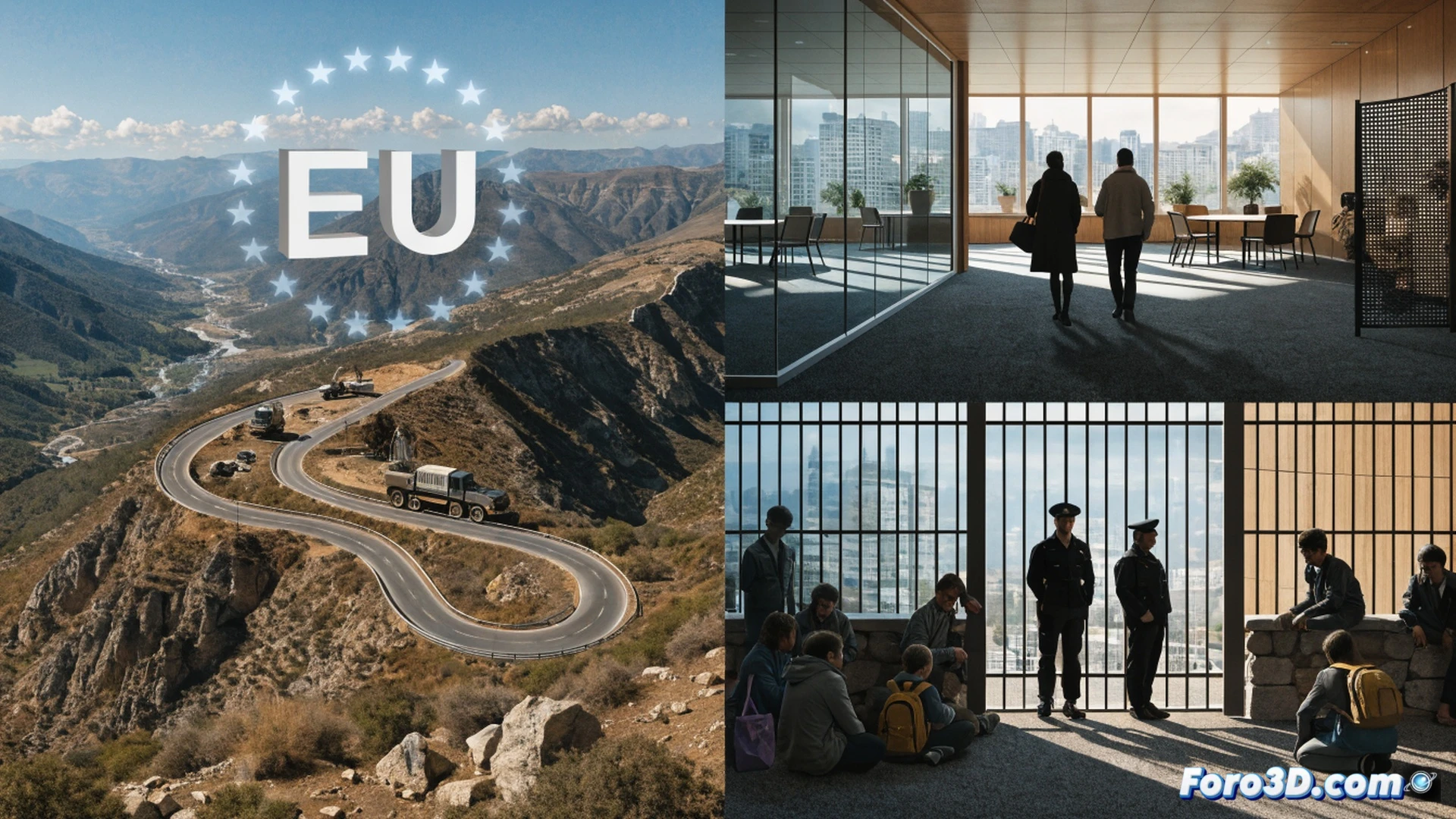 European Union flag casting shadow over factory workers welding circuit boards, while border fence construction visible through window, workers' hands blurred mid-motion using soldering irons and multimeters, conveyor belt with microchips being tested, contrast between polished EU emblem and cracked concrete floor, cinematic photorealistic style, dramatic chiaroscuro lighting, cold blue and warm amber tones, technical engineering visualization showing assembly line process, surveillance camera overhead monitoring both workers and production flow, ultra-detailed industrial components
