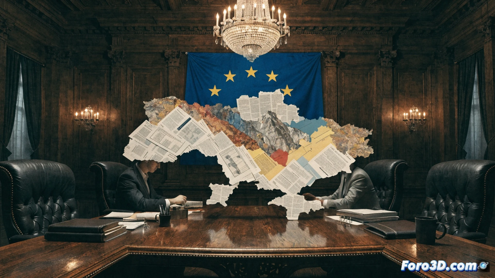 European Union negotiation table with Ukraine and Moldova flags, EU officials examining legal documents and border control maps, a holographic display showing compliance checklists and administrative reforms, technical illustration style, photorealistic render, bright conference room lighting, clean modernist interior, officials pointing at data charts while reviewing integration progress, subtle blue and gold EU color scheme, ultra-detailed paperwork and digital interfaces, professional diplomatic atmosphere