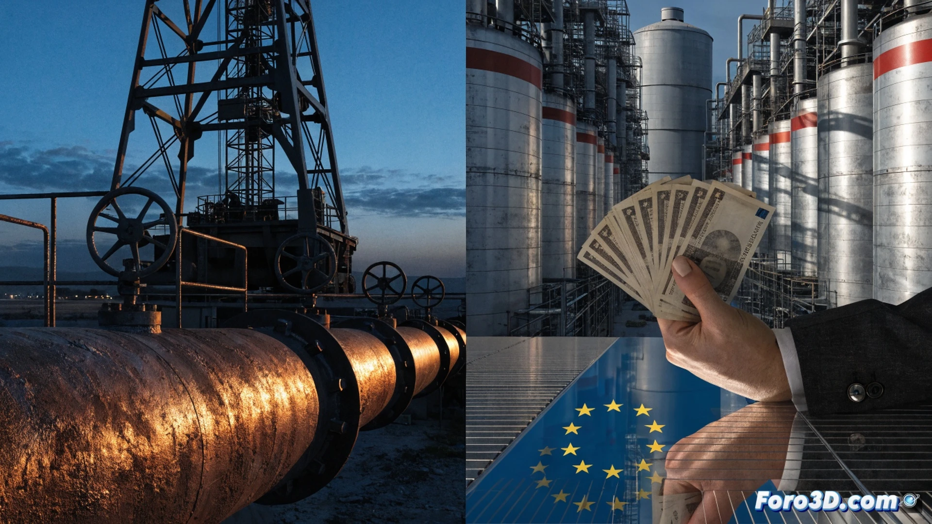 split-screen industrial scene, left side showing oil derrick pumping crude into EU-flagged tanker, thick black smoke rising from refinery stacks, right side showing uranium ore being loaded into nuclear fuel rods, EU flag painted on shipping containers, workers in protective gear monitoring radiation levels, cracked dry earth beneath both operations, minimalist technical illustration style, flat vector aesthetic with muted earth tones, stark contrast between green EU rhetoric and brown industrial reality, no text or numbers visible, cinematic wide-angle composition, dramatic shadows cast by industrial structures, photorealistic textures on metal and concrete surfaces