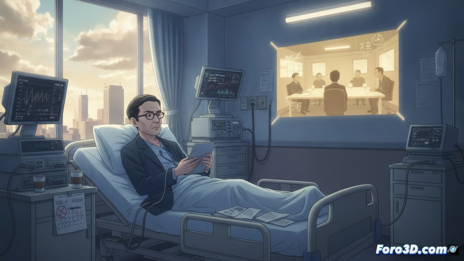 Bank of Japan governor Kazuo Ueda lying in a hospital bed connected to medical monitors, while a large digital calendar shows a crossed-out BoJ meeting date, beside an empty conference room with chairs pushed back and a paused stock ticker on a wall screen showing yen fluctuation graphs, medical IV drip actively running, technical financial data cables linking hospital equipment to a terminal displaying interest rate charts, cinematic photorealistic style, cold blue clinical lighting contrasting with warm amber glow from financial screens, sharp focus on Ueda’s face and the disrupted schedule, dramatic shadow play across empty boardroom seats