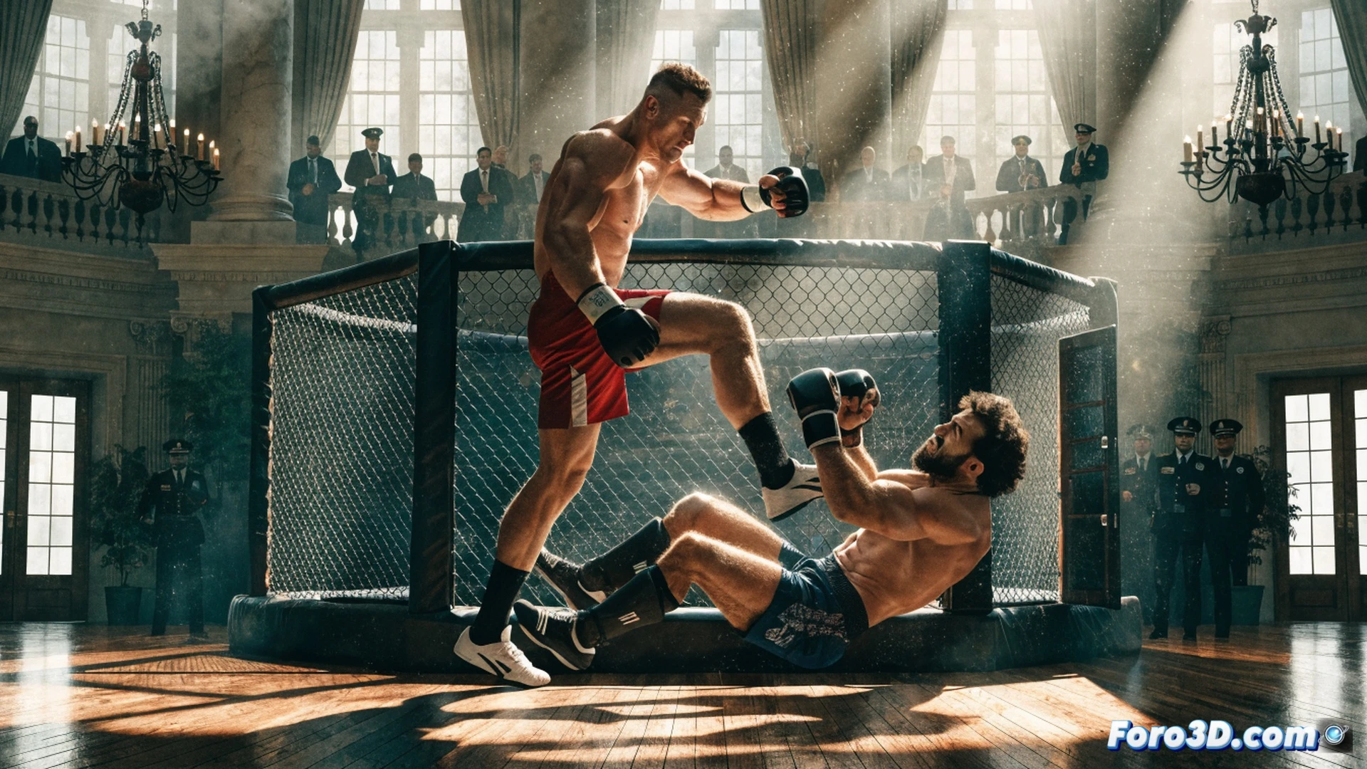 virtual octagon cage interior, two UFC fighters mid-action during a simulated bout, Justin Gaethje landing a powerful right hook on Ilia Topuria's jaw, sweat particles flying from impact, motion blur on gloves and shorts, EA Sports UFC 6 video game HUD overlay showing health bars and round timer on top, photorealistic rendering with cinematic lighting from overhead arena lights, crowd silhouettes blurred in background, fighter muscles tensed with visible skin texture and vein details, blood spatter on canvas floor, dramatic shadow casting across fighters faces, ultra-detailed character models resembling real athletes, technical sports simulation visualization