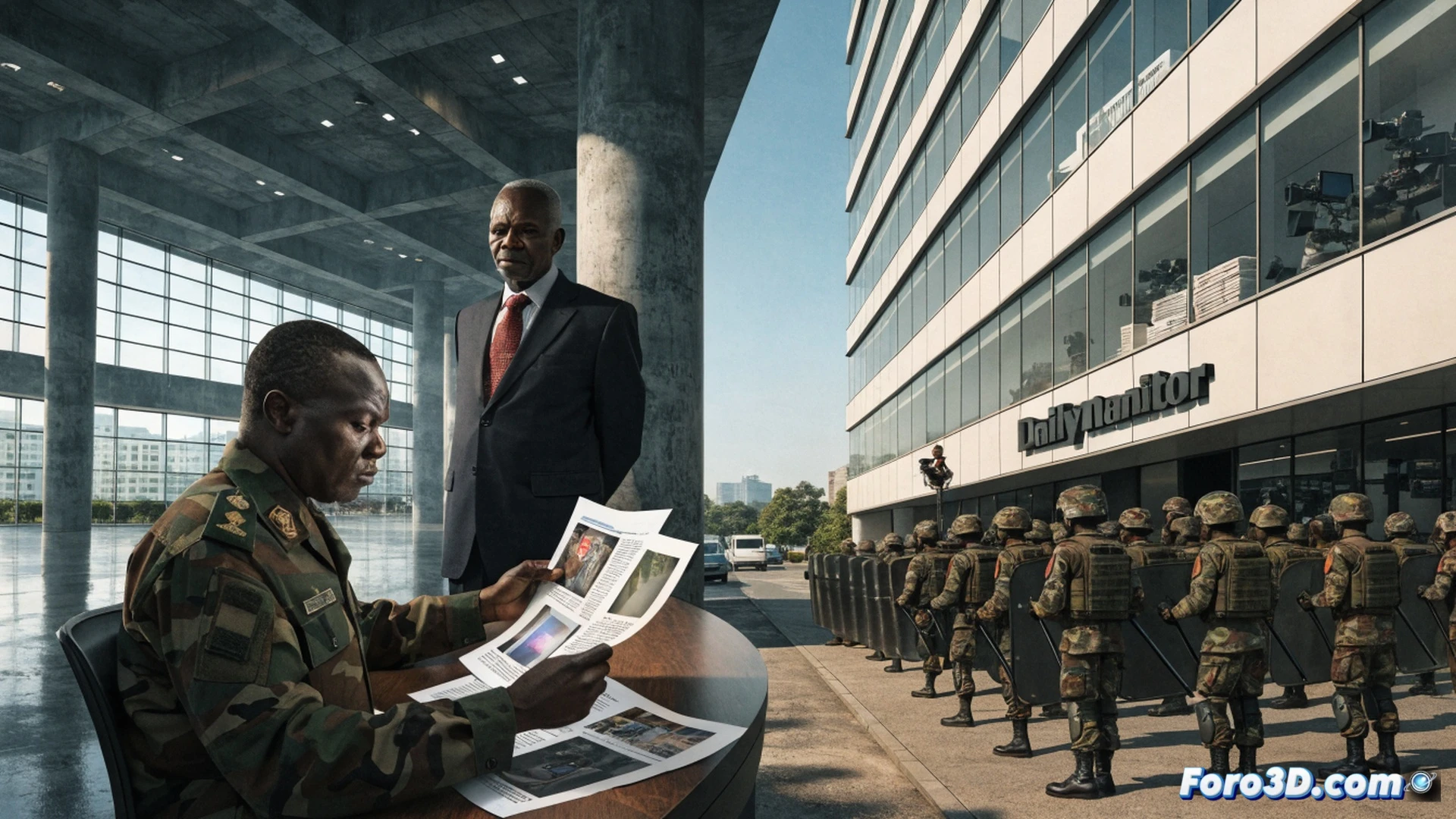 military officer in combat uniform standing in front of a printing press being forcibly stopped, newspaper rolls jammed mid-rotation, a television broadcast van with antennas cut, cables sparking, press operators handcuffed on the ground, security forces surrounding the building entrance, newspaper pages scattering in wind, control room screens showing static, cinematic photorealistic style, harsh fluorescent lighting, metallic industrial machinery, dramatic shadows, ultra-detailed mechanical components, urgent atmosphere, dystopian journalism shutdown scene