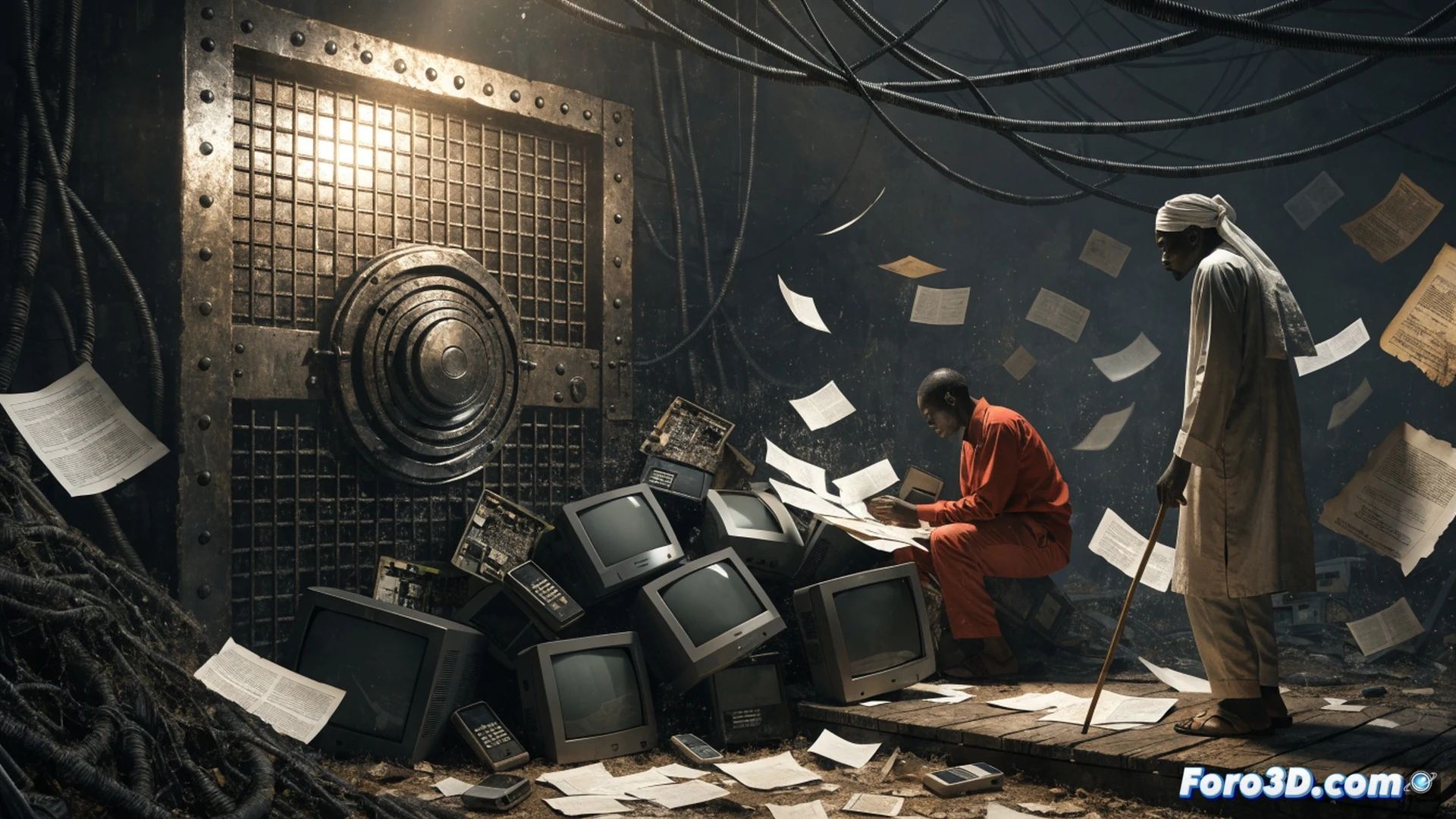 abandoned printing press room in Kampala, rusty offset printing machine gears stopped mid-rotation, broken conveyor belt hanging loose, smashed computer monitors showing static on screens, cables cut and dangling from ceiling, security padlock snapped on metal cage door, dust particles floating in dim yellow emergency light, newspaper pages scattered on concrete floor with torn edges, photorealistic technical illustration, cinematic wide shot, dramatic shadows from broken ceiling lamps, industrial decay aesthetic, hyper-detailed mechanical components, cold blue ambient light mixing with warm tungsten spot