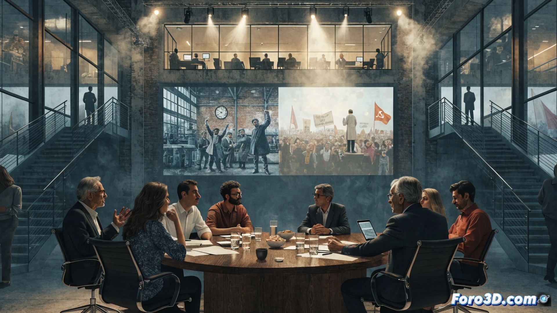UGT workshop in Valdepeñas, historical union meeting table with vintage labor documents and a modern tablet showing wage charts, diverse workers discussing collective bargaining, hands pointing at a timeline of workers rights evolution, cinematic documentary style, warm interior lighting, brick wall background with union posters, photorealistic technical illustration, action of learning and debate, realistic textures on paper and fabric