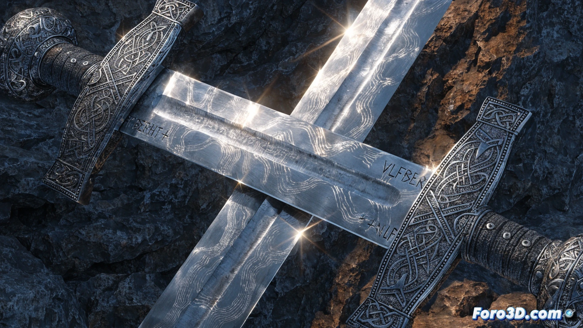 Viking blacksmith forging a Ulfberht sword in a dark smoky workshop, molten steel being poured from a clay crucible into a stone mold, glowing orange liquid metal showing low-carbon purity, hammer striking the blade on an anvil while sparks fly, cross-section diagram of the sword revealing internal crystalline structure with minimal slag inclusions, photorealistic technical illustration, dramatic firelight casting shadows, medieval forge tools scattered around, detailed metal grain texture, cinematic lighting emphasizing the steel quality