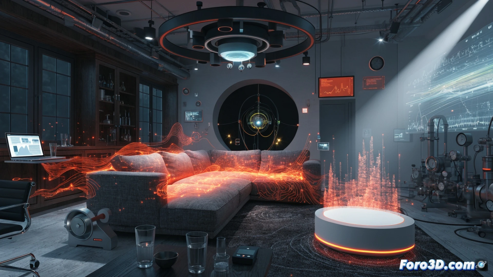 Ultrahuman Home device mounted on a living room wall, scanning beams of light and invisible CO₂ particles drifting through the air, a person standing near a sofa while glowing data lines map metabolic impact zones across the room, dust motes and sound waves visualized as translucent ripples, photorealistic technical illustration, warm amber and cool blue lighting, hyper-detailed sensor array, air quality particles highlighted with neon green trajectories, cinematic depth of field, sleek minimalist interior, engineering visualization style