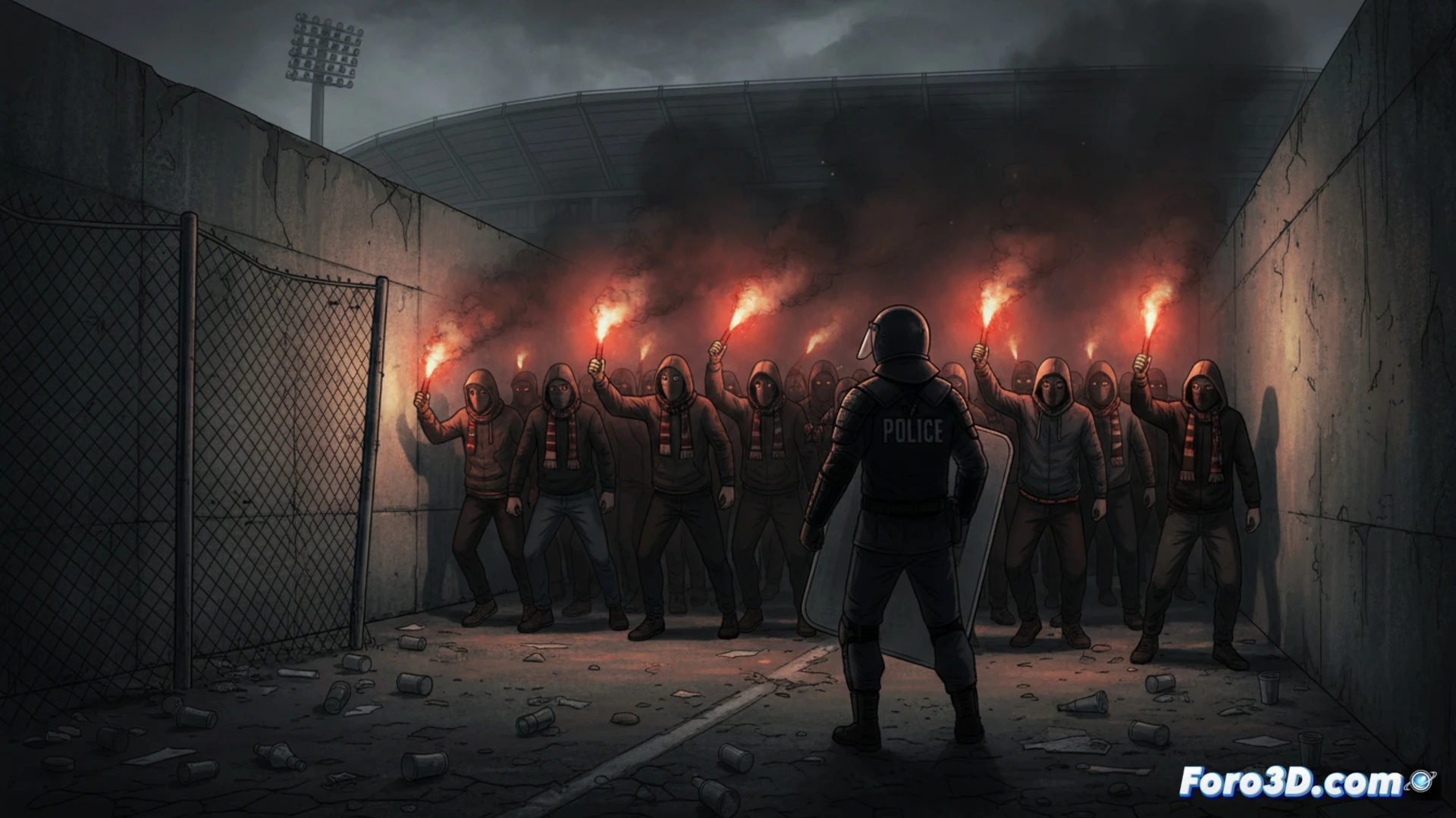 Estadio de fútbol vacío al atardecer, gradas con asientos rotos y pintadas de grupos ultras, una pantalla gigante mostrando imágenes granuladas de enfrentamientos entre aficionados en los años 80, dos agentes de policía con escudos antidisturbios avanzando entre bengalas encendidas y humo naranja, durante un proceso de evacuación de emergencia, cámara de seguridad rota colgando de un cable sobre la grada, estilo cinematográfico oscuro, iluminación dramática con focos de estadio, texturas sucias y metálicas, photorealistic technical render, atmósfera de tensión y conflicto sin resolver.