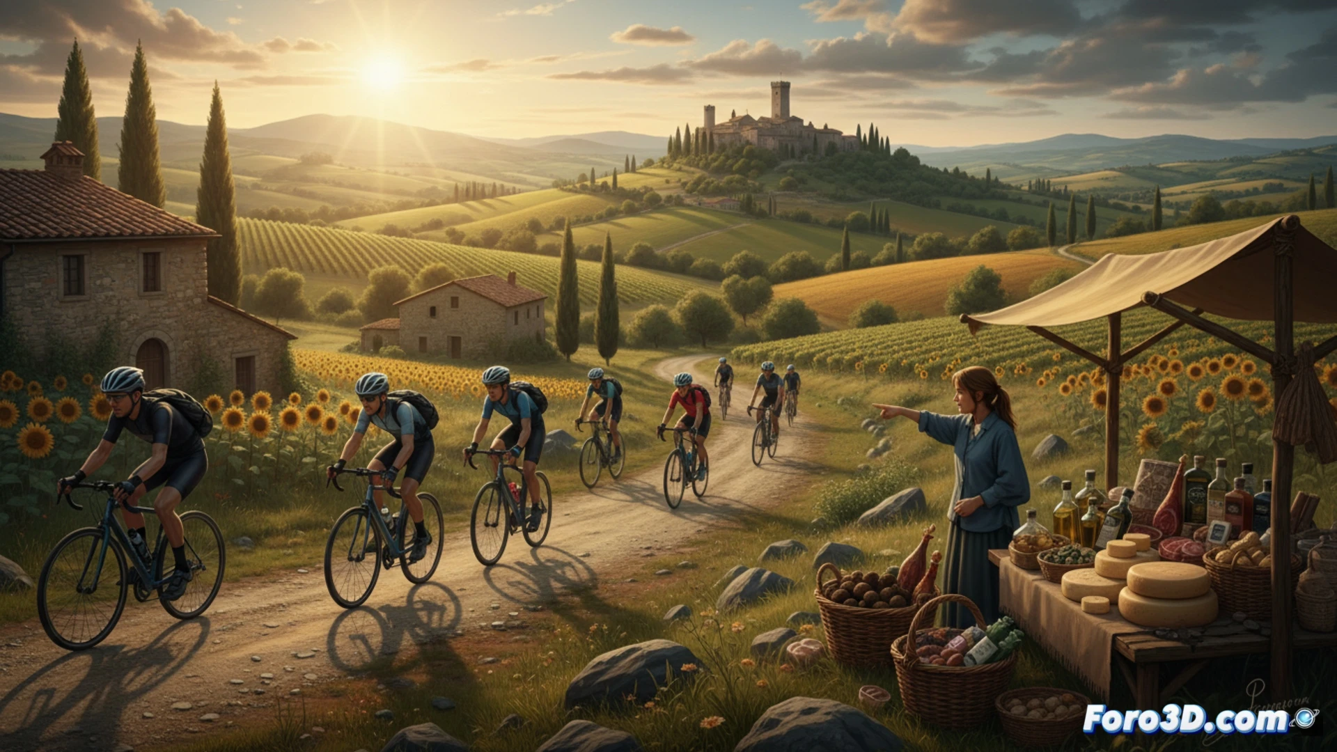 cyclist pedaling along a winding rural road in Umbria, Italy, passing an ancient stone boundary marker of the Republic of Cospaia, bicycle wheels kicking up dust while rider gestures toward a distant hilltop medieval village, handlebar-mounted GPS device displaying a route map, pannier bag carrying local wine bottle and cheese, photorealistic cinematic landscape, golden afternoon sunlight filtering through olive trees, dramatic shadows across cobblestone path, ultra-detailed terrain textures, tourism action scene showing discovery and local gastronomy, motion blur on spokes, technical illustration style