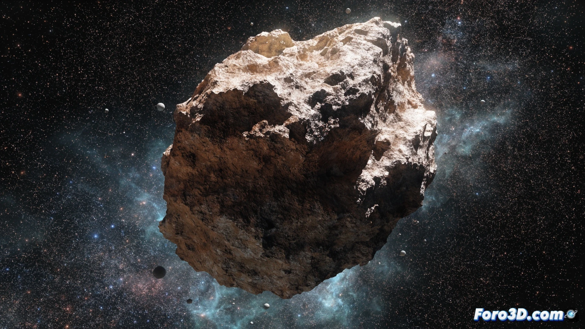 asteroid field in deep space, a single rock labeled with a glowing musical staff wrapping around its surface, a vintage cassette tape floating nearby with its ribbon unraveling toward the asteroid, a distant shooting star crossing the frame, cinematic space photography, starry cosmic background, soft blue and gold nebula light, photorealistic celestial render, motion blur on the tape ribbon, glowing trajectory lines from the shooting star, dramatic interstellar lighting, ultra-detailed crater textures, technical astronomy visualization