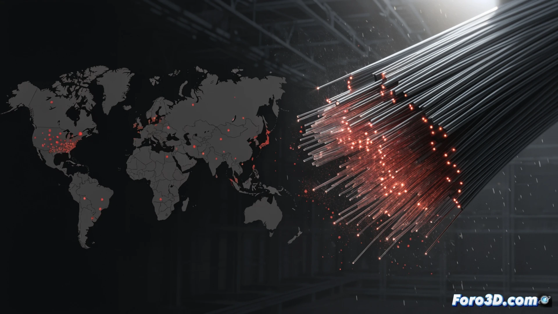Cinematic photorealistic scene of a severed fiber optic cable in a dark underground conduit, sparks arcing from broken glass strands while a technician in protective gear inspects the damage with a flashlight, glowing data packets trapped inside the cable fading into darkness, network server racks visible in the background with warning lights blinking red, dust particles floating in the beam of light, dramatic high-contrast industrial lighting, ultra-detailed copper and glass fragments, engineering visualization style, showing the moment of infrastructure failure