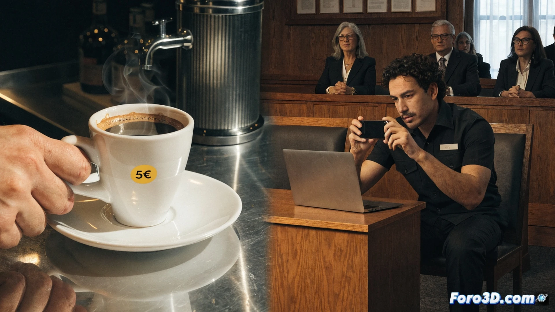 hotel lobby in Mallorca, a male waiter in uniform filming himself with a phone, holding a coffee cup and pointing at a receipt, his reflection visible in a polished espresso machine, security cameras on the ceiling capturing the scene, smartphone screen showing TikTok upload interface, dramatic overhead lighting casting shadows, photorealistic cinematic style, tense professional atmosphere, metallic surfaces reflecting light, ultra-detailed textures on uniform and coffee foam, technical illustration of workplace surveillance