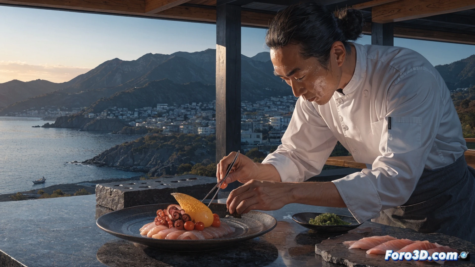 japanese chef slicing a whole kanoya yellowtail with a yanagiba knife on a hinoki cutting board, sunlight streaming through shoji screens onto the counter, fresh sudachi citrus and shiso leaves arranged beside the fish, steam rising from a clay donabe rice pot in the background, photorealistic culinary scene, dramatic shadows, condensation droplets on a glass sake decanter, knife reflection catching light, rustic wood textures, professional kitchen mise en place, cinematic depth of field, hyper-detailed ingredients, warm amber tones