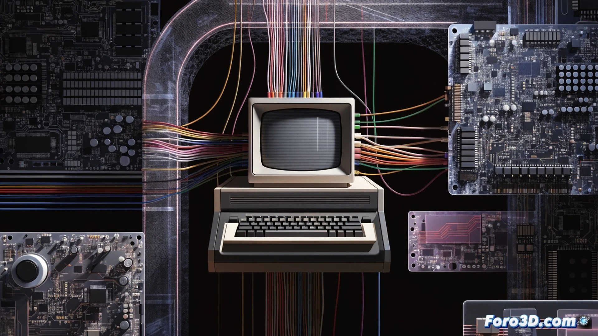 A vintage terminal monitor displaying green-on-black code of BASIC09, a modern laptop connected via glowing data cable, old 5.25-inch floppy disk partially inserted into a transparent retro computer case, while digital source code lines float upward transforming into clean modern syntax, hands typing on a mechanical keyboard during the compilation process, nostalgic computing hardware mixed with contemporary components, cinematic technical illustration, warm amber and green phosphor glow, dust particles in dramatic side lighting, photorealistic engineering visualization
