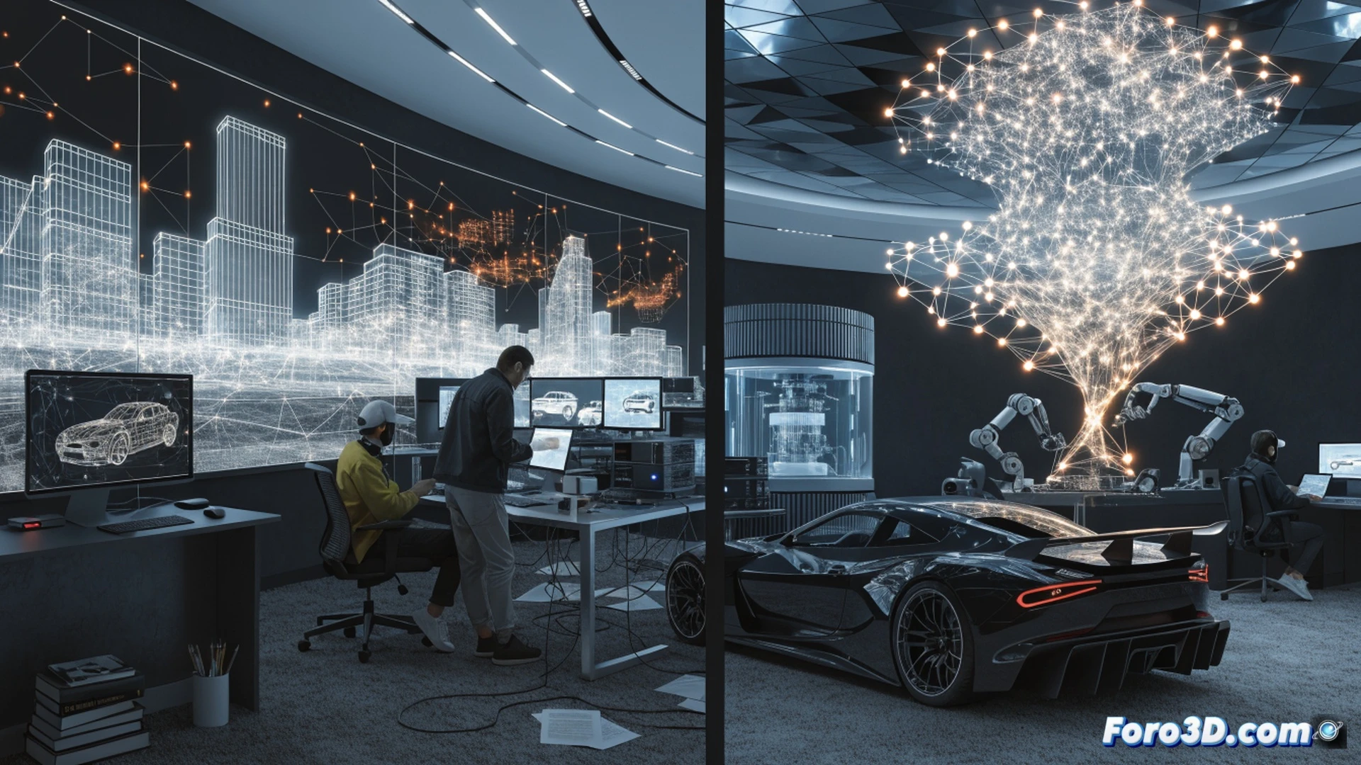 independent game developer sitting at a cluttered desk, coding a low-poly open-world city on dual monitors, wireframe car driving through unfinished streets, AI-generated building textures loading in real-time, glowing progress bars on screen, keyboard with RGB lights, coffee cup nearby, cinematic technical visualization, dark room with monitor glow, photorealistic render, motion blur on character movement, neural network diagram floating as hologram above laptop, chaotic desk with cables and energy drink cans, dramatic low-angle shot