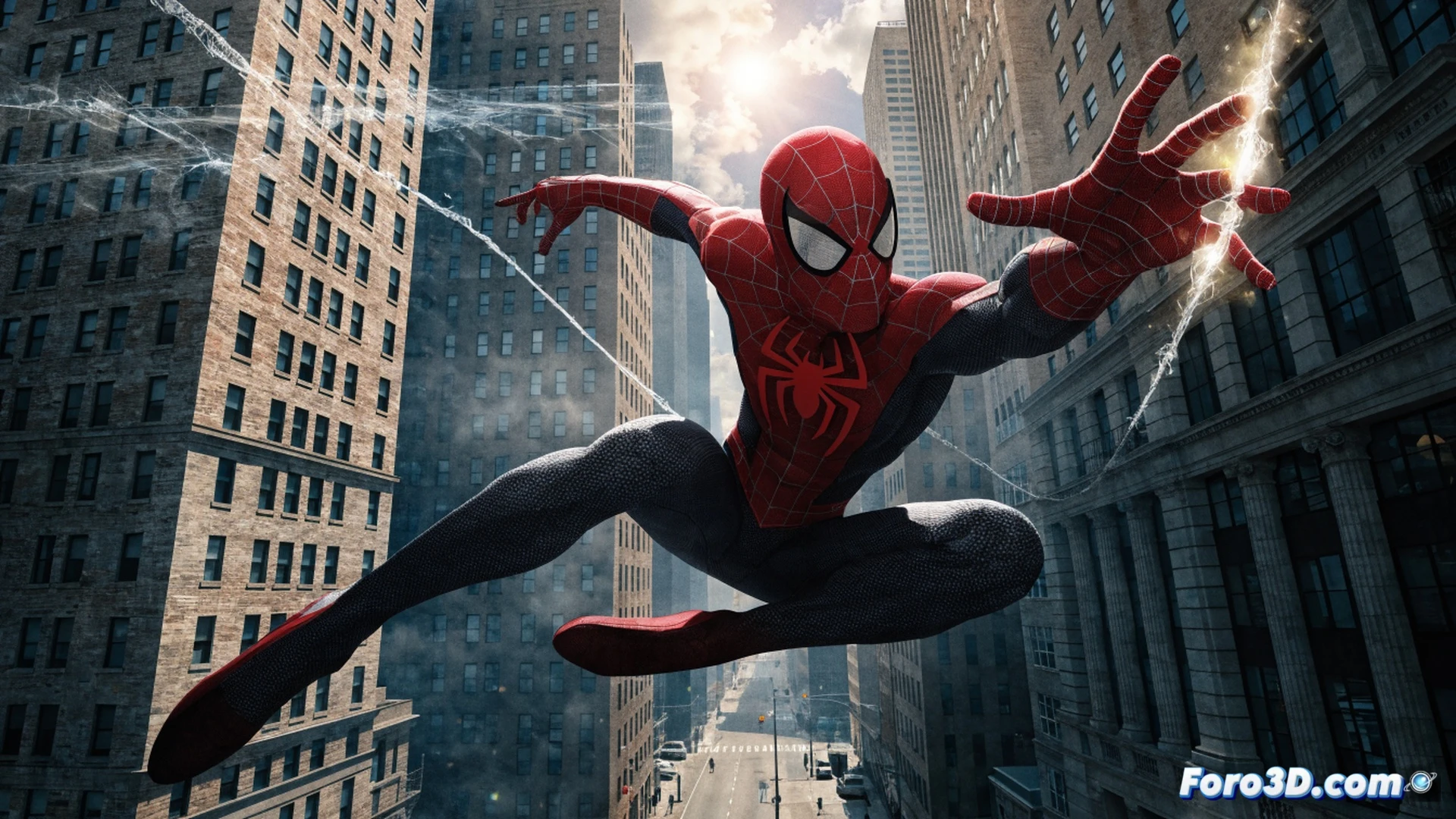 Spider-Man colgado de una farola nocturna en Nueva York, sombras de rascacielos al fondo, una ventana de edición de videojuegos superpuesta mostrando líneas de código y ajustes de resolución, iconos de software de renderizado y herramientas de parcheo flotando alrededor, efecto de mejora visual con rayos de luz digitales atravesando la escena, estilo cinematic photorealistic, iluminación dramática azul y roja, texturas metálicas detalladas en el traje, partículas de neón brillando en el aire durante la acción de balanceo, demostrando el proceso técnico de remasterización