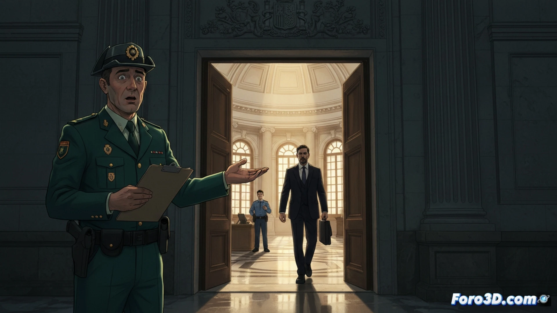 Guardia civil en uniforme dentro de un despacho ministerial, señalando una puerta abierta mientras un empresario cruza el umbral sin ser detenido, mostrando acceso libre durante horario laboral, documentos sobre la mesa, ordenador con pantalla de seguridad desactivada, cámara de vigilancia en esquina superior, estilo cinematográfico fotorrealista, iluminación fluorescente de oficina, sombras duras, tonos azules y grises, atmósfera de investigación judicial, texturas de mobiliario gubernamental desgastado, ultra detallado.