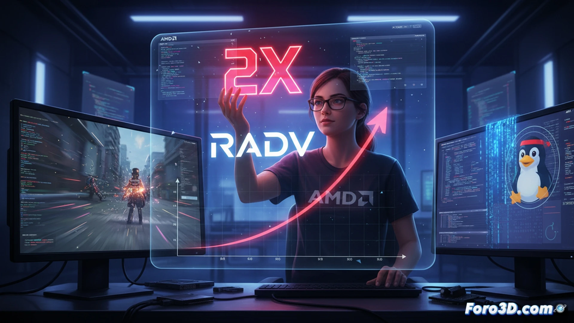 open source graphics driver performance breakthrough, AMD engineer turned Valve developer debugging RADV shader compiler on Linux laptop, dual-monitor setup showing vulkan pipeline profiling tools, GPU die with exposed silicon glowing orange, code editor with assembly instructions floating in translucent panels, real-time pixel throughput doubling visualized as cascading green performance metrics, photorealistic technical illustration, dramatic low-angle lighting on motherboard traces, cinematic depth of field with circuit board patterns fading into background, engineering visualization style
