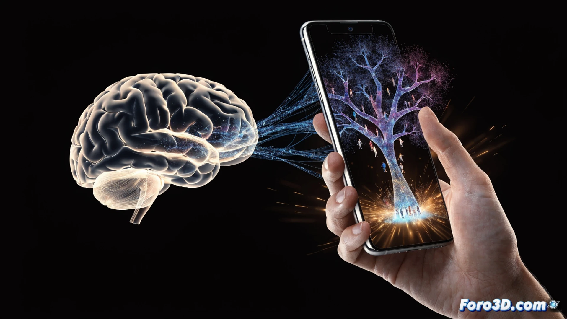 smartphone held by a hand displaying a mobile game in progress, digital tree with glowing red apples on screen, user tapping on apples while neural activity lines pulse around the brain silhouette, three-minute timer counting down, abandoned apples fading to grey near the tree base, subtle depression detection algorithm visualization as translucent data streams, photorealistic technical illustration with soft clinical lighting, high-contrast screen reflection on user eyes, medical research aesthetic, dark background with gradient blue tones, ultra-detailed phone hardware and finger interaction