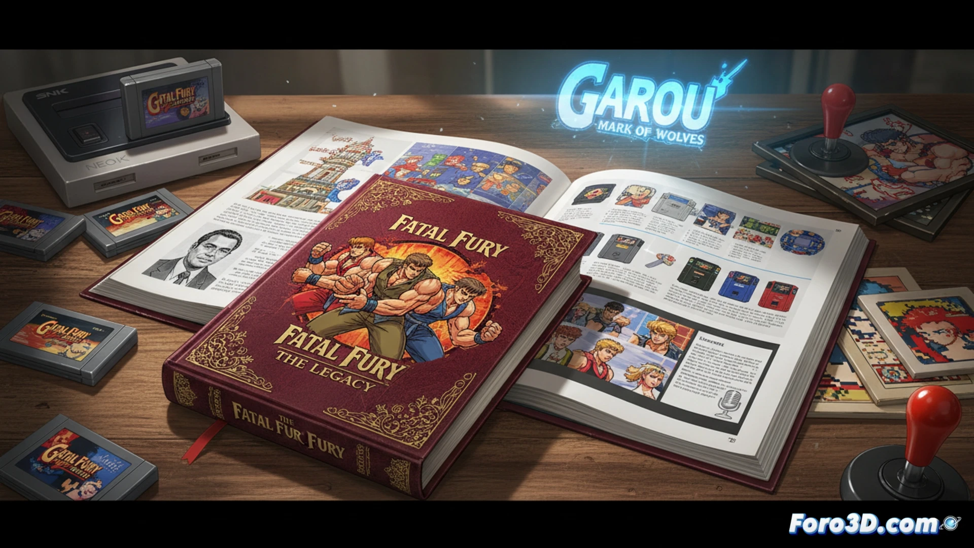 retro game book open on a wooden desk, pages showing pixel-art sprite sheets of fighting characters, a glossy dust jacket with metallic foil highlights, a vintage arcade joystick and buttons beside the book, a CRT monitor in the background displaying a classic versus screen, warm ambient lighting from a desk lamp casting soft shadows, cinematic still life composition, photorealistic detail on paper texture and plastic surfaces, nostalgic 90s gaming atmosphere, ultra-detailed collectible edition render