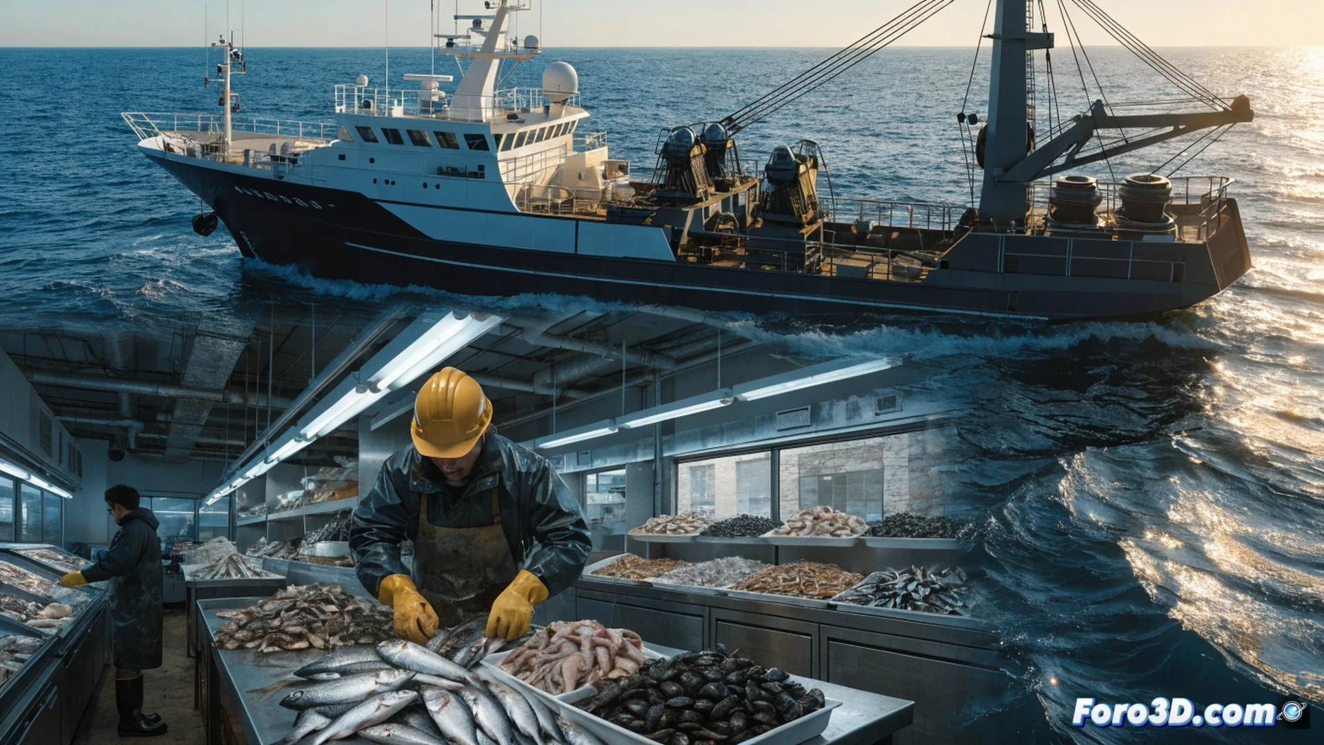 industrial fish processing facility in Castilla-La Mancha, workers handling fresh trout on stainless steel conveyor belts, automated packaging machines sealing vacuum bags, crates of labeled fish products being stacked for distribution, bright overhead LED lighting reflecting on wet metal surfaces, steam rising from cleaning stations, safety gloves and hairnets visible, photorealistic technical illustration, cinematic depth of field, detailed mechanical components, clean industrial atmosphere, sharp focus on production workflow